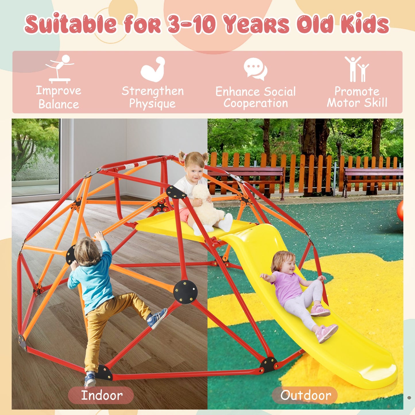 Kids Climbing Dome with Slide and Fabric Cushion for Garden Yard-Orange Kids Crystal