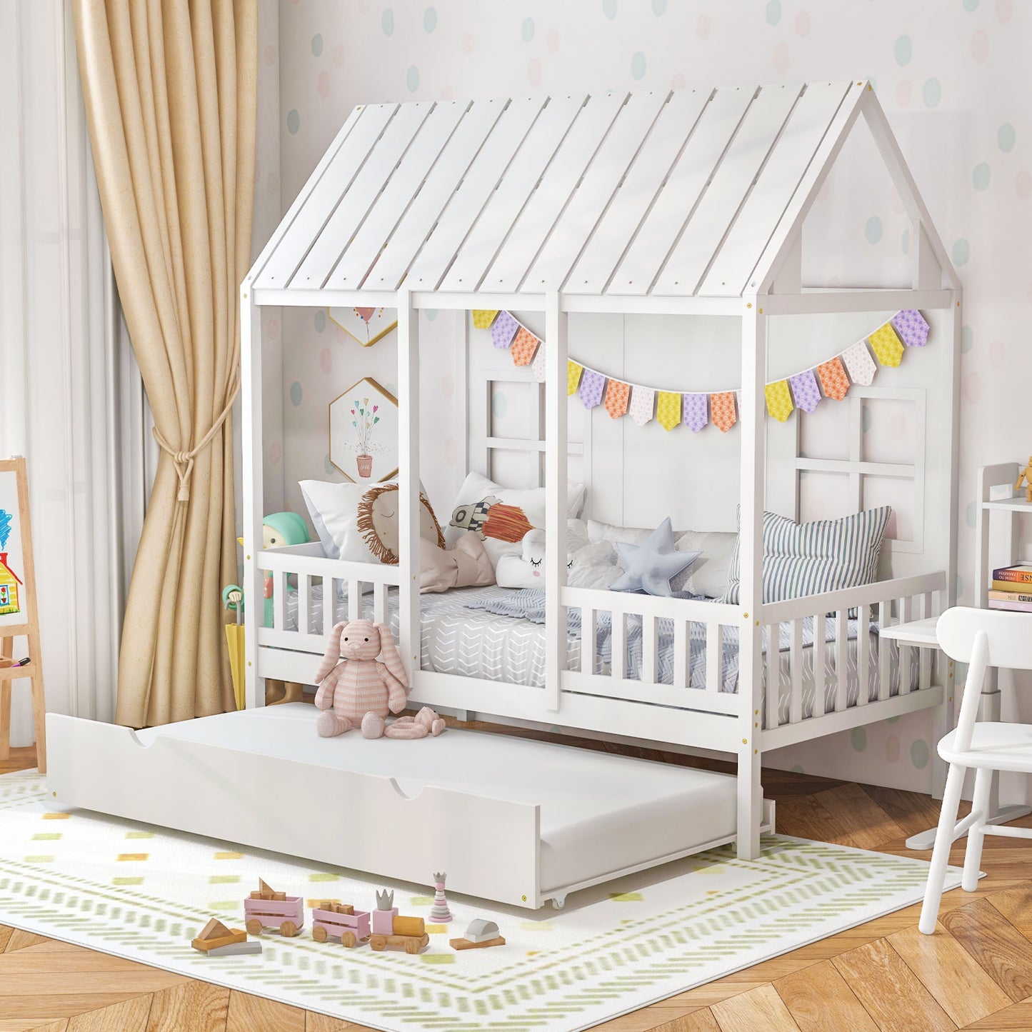 Twin Size Bed Frame House Bed with Trundle and 82 Inch Tall Roof-White Kids Crystal