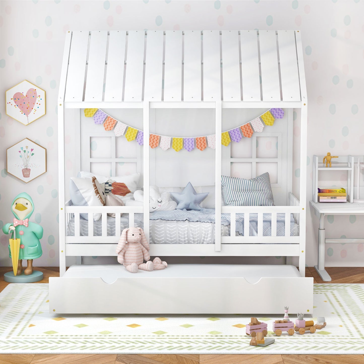 Twin Size Bed Frame House Bed with Trundle and 82 Inch Tall Roof-White Kids Crystal