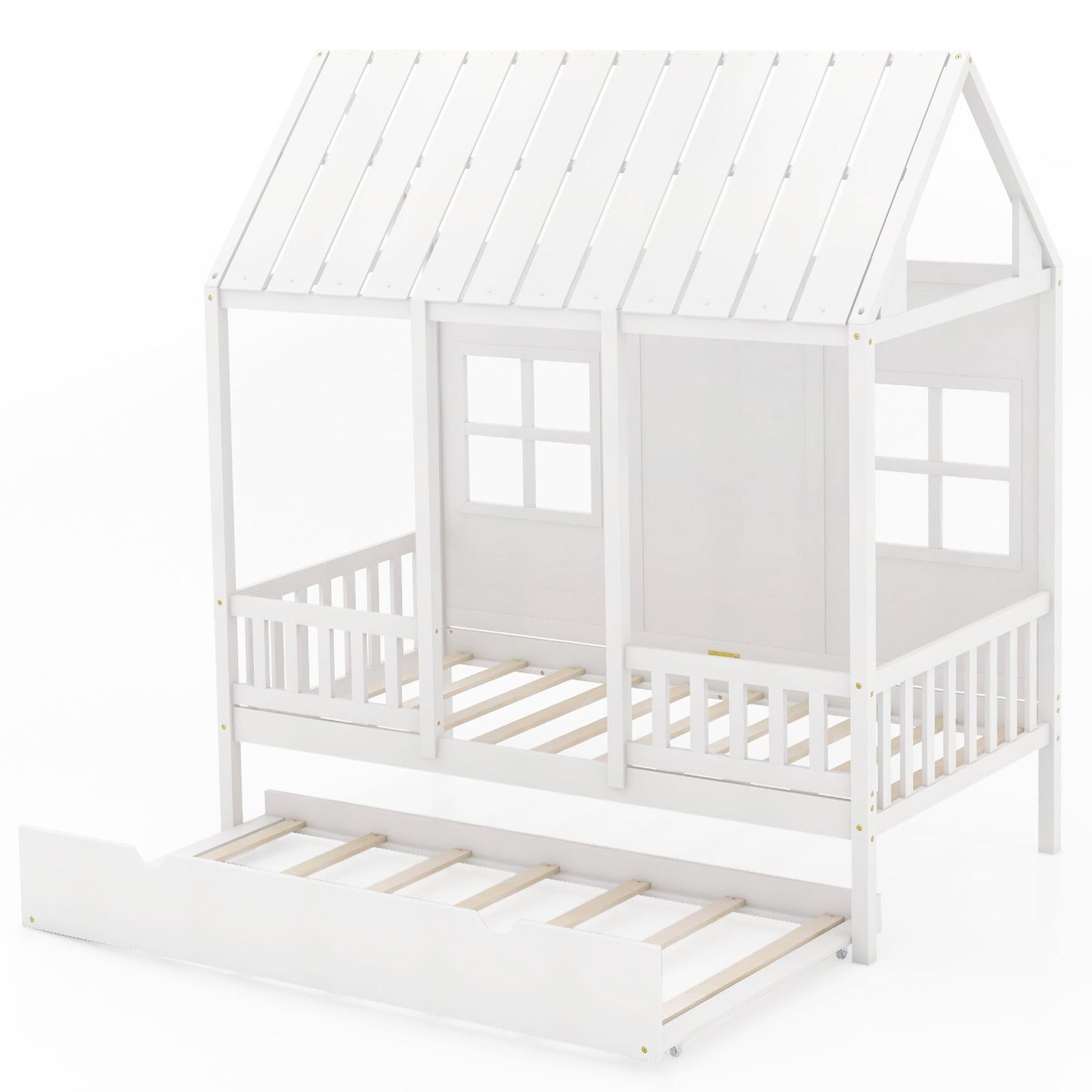 Twin Size Bed Frame House Bed with Trundle and 82 Inch Tall Roof-White Kids Crystal