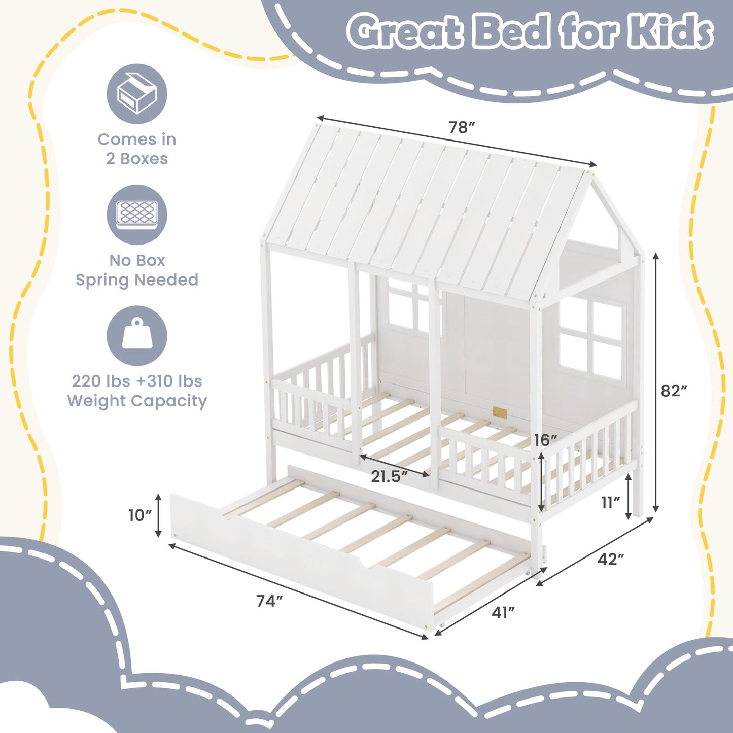 Twin Size Bed Frame House Bed with Trundle and 82 Inch Tall Roof-White Kids Crystal