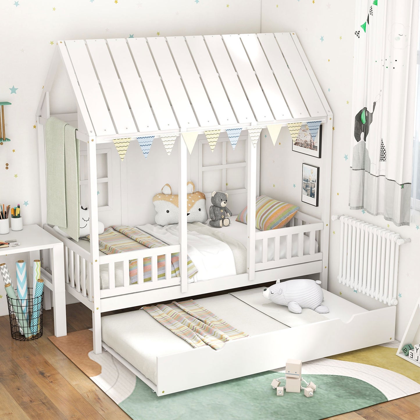 Twin Size Bed Frame House Bed with Trundle and 82 Inch Tall Roof-White Kids Crystal