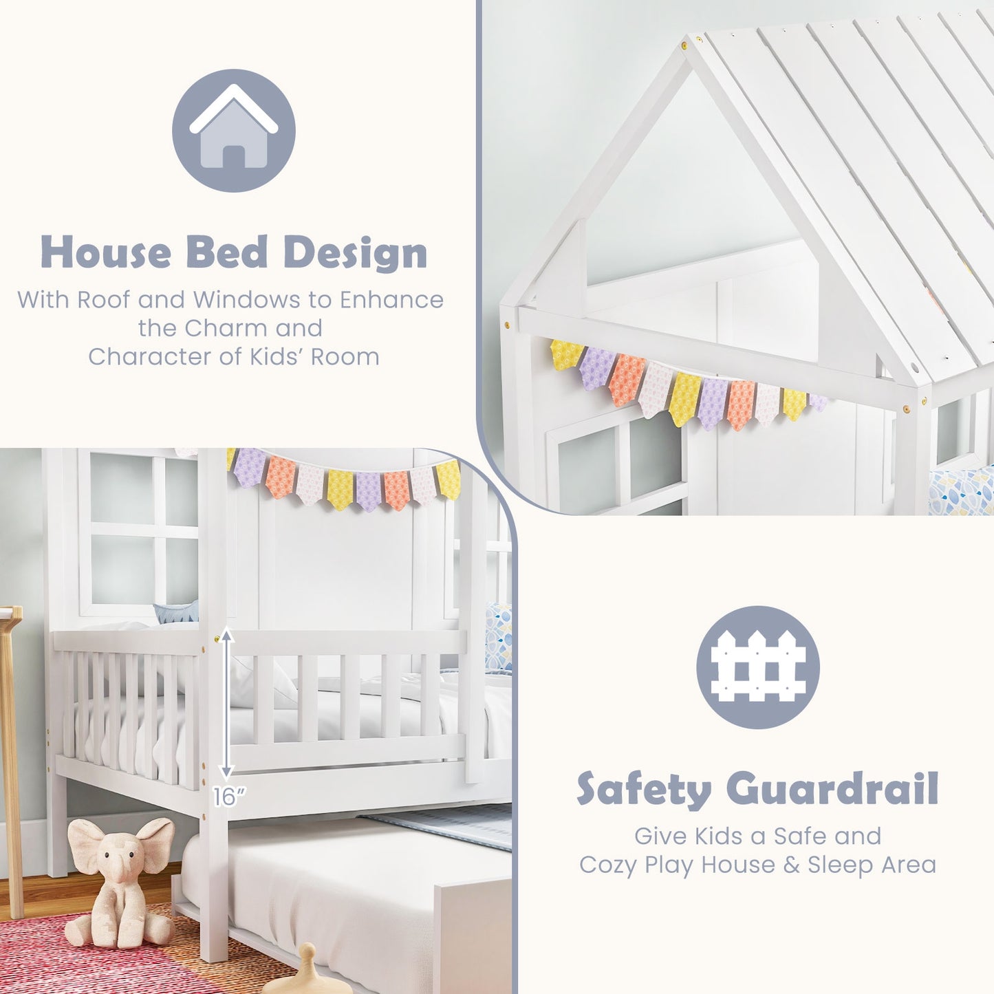 Twin Size Bed Frame House Bed with Trundle and 82 Inch Tall Roof-White Kids Crystal