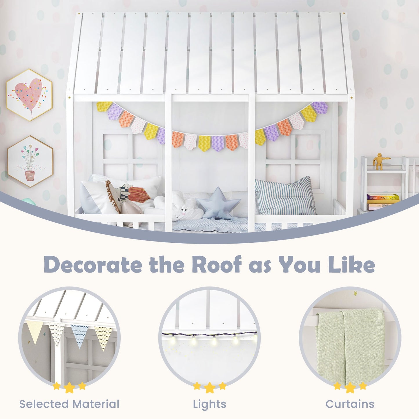 Twin Size Bed Frame House Bed with Trundle and 82 Inch Tall Roof-White Kids Crystal