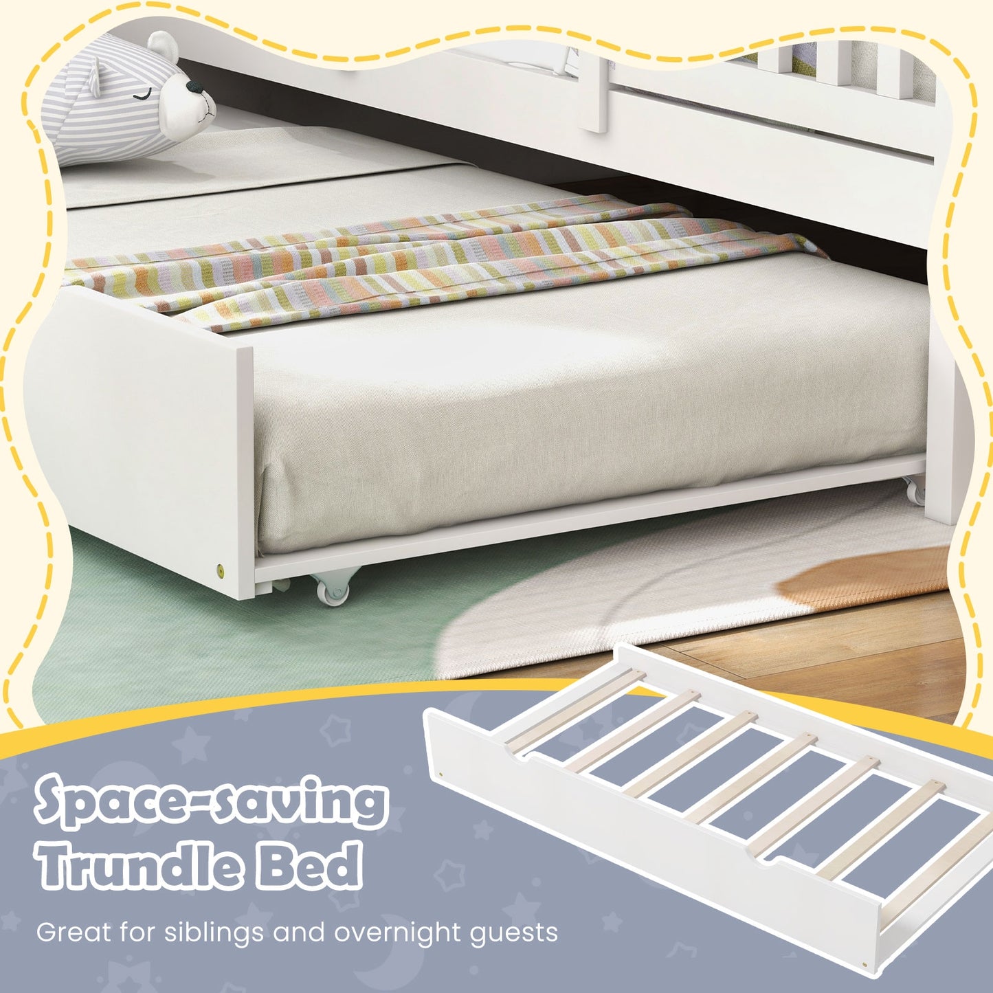 Twin Size Bed Frame House Bed with Trundle and 82 Inch Tall Roof-White Kids Crystal