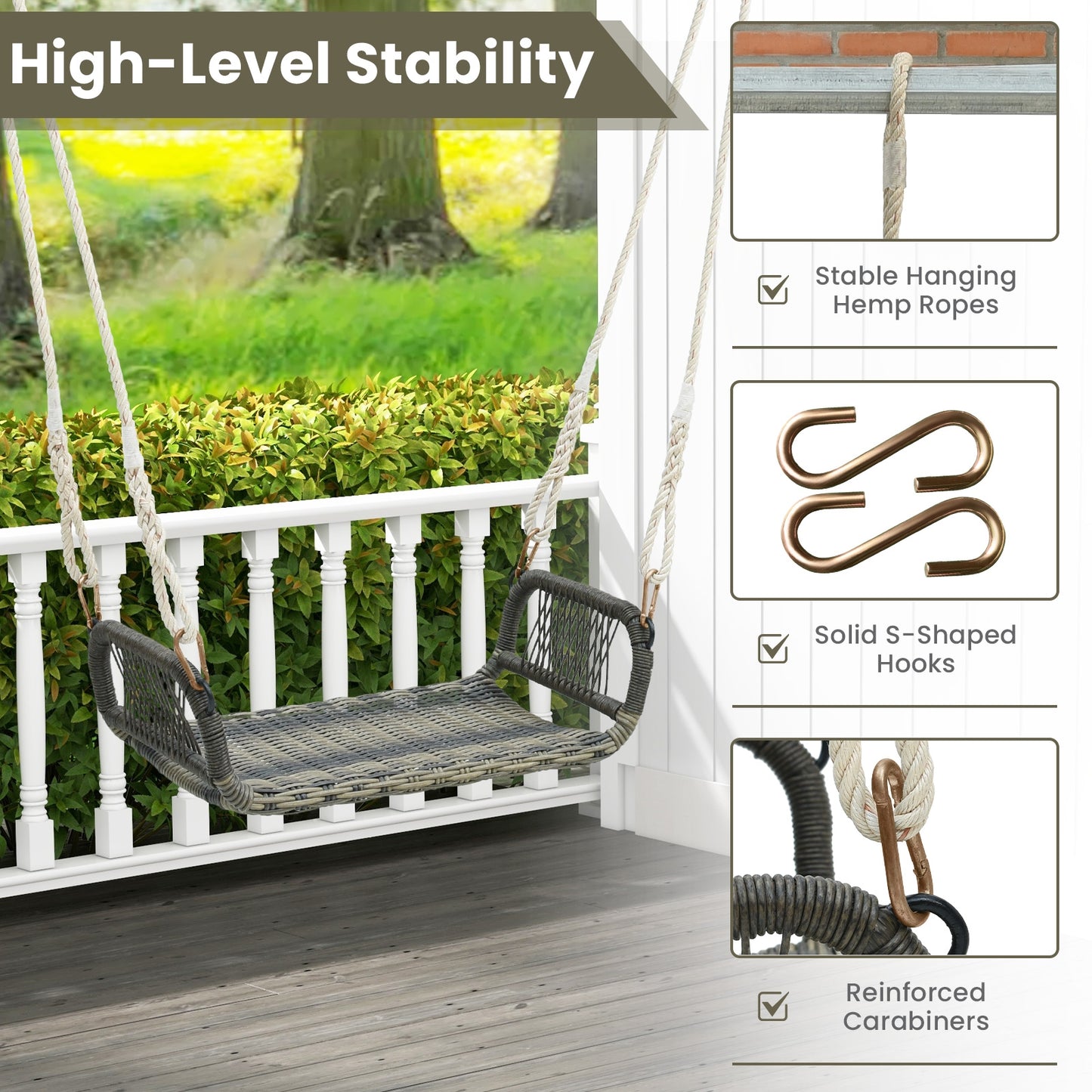 Wicker Porch Swing Seat with Cozy Armrests Kids Crystal