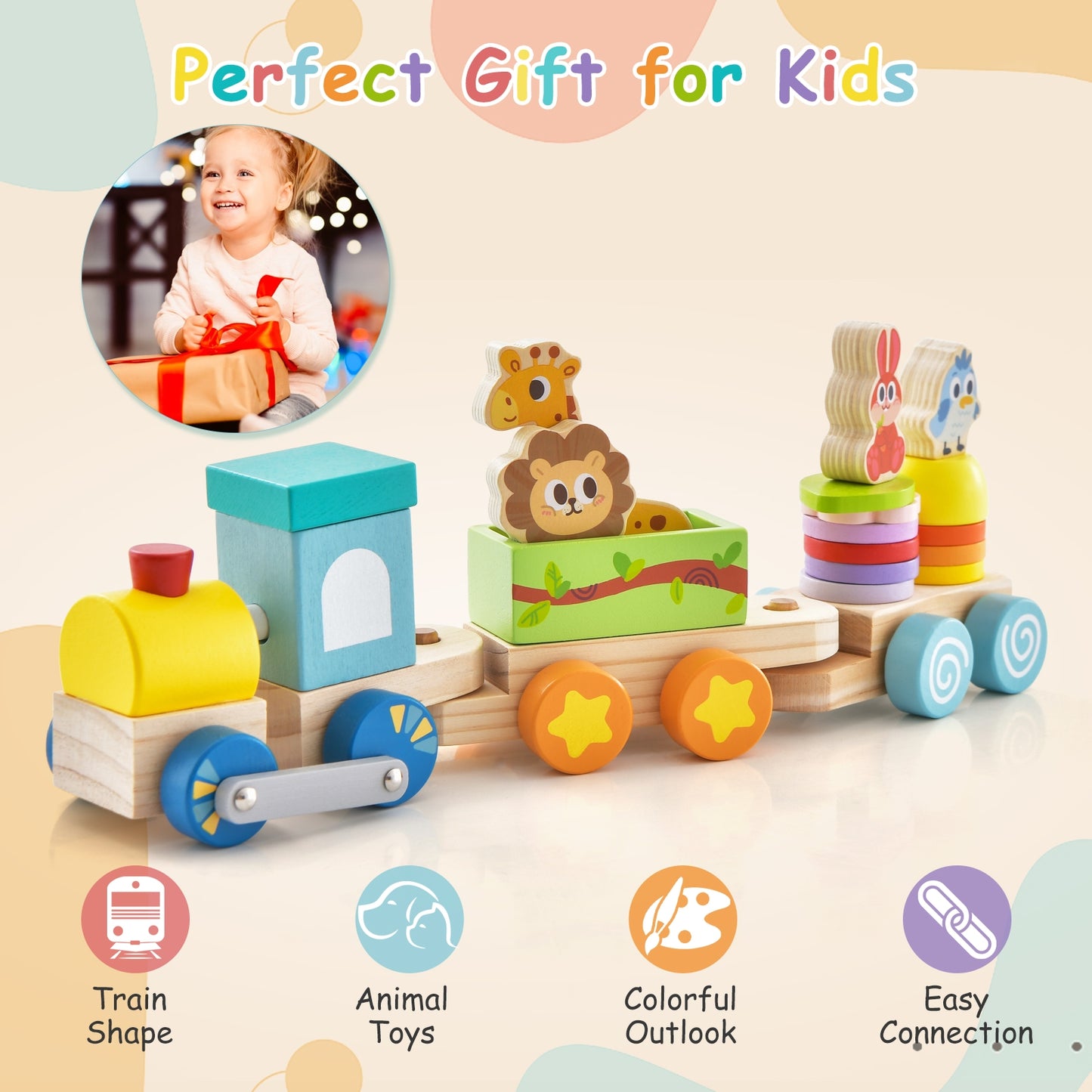 Wooden Stackable Educational Train Set with Colorful Animal Toys and Retractable Locomotive Kids Crystal