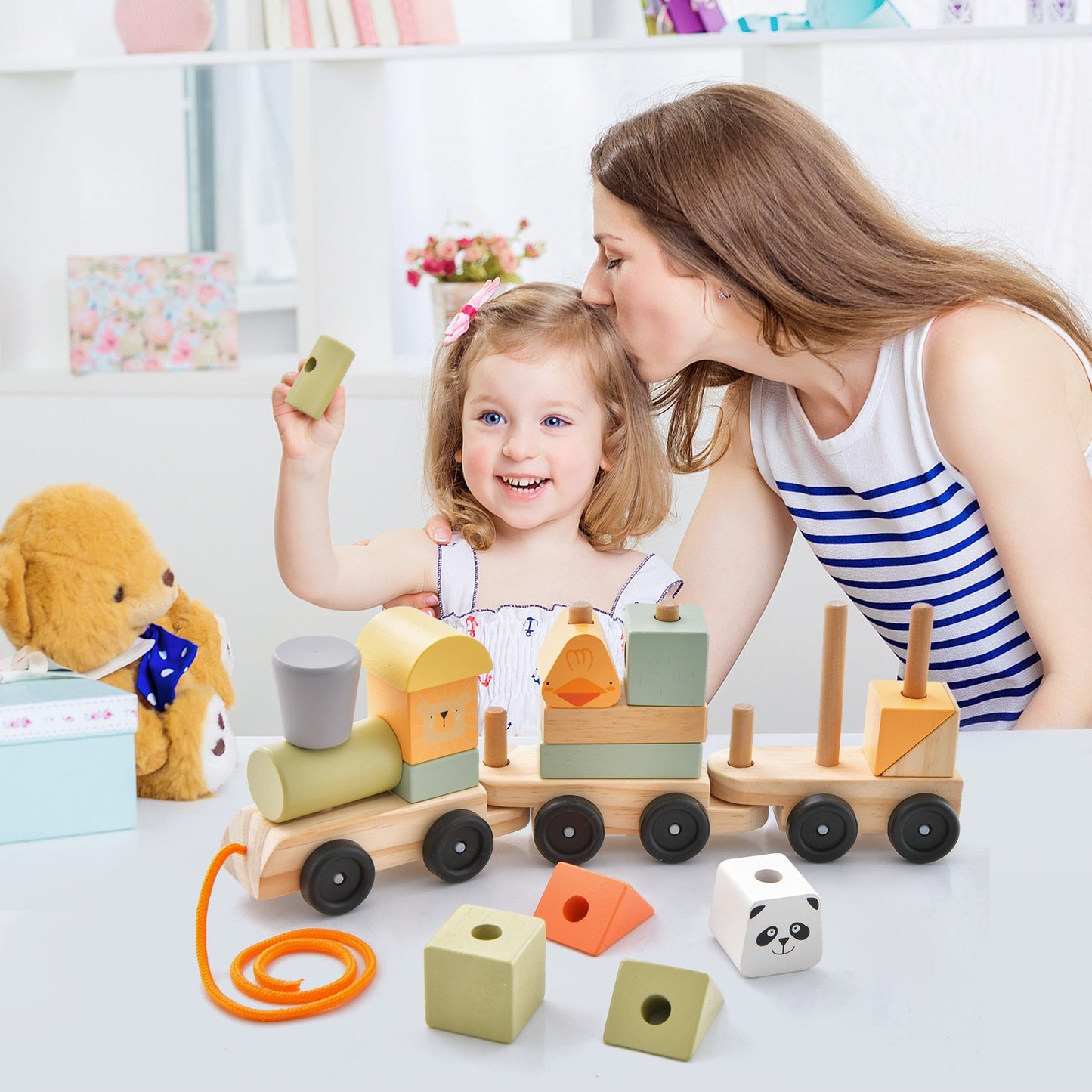 3-Section Toy Wooden Train Set with Stackable Building Blocks Kids Crystal