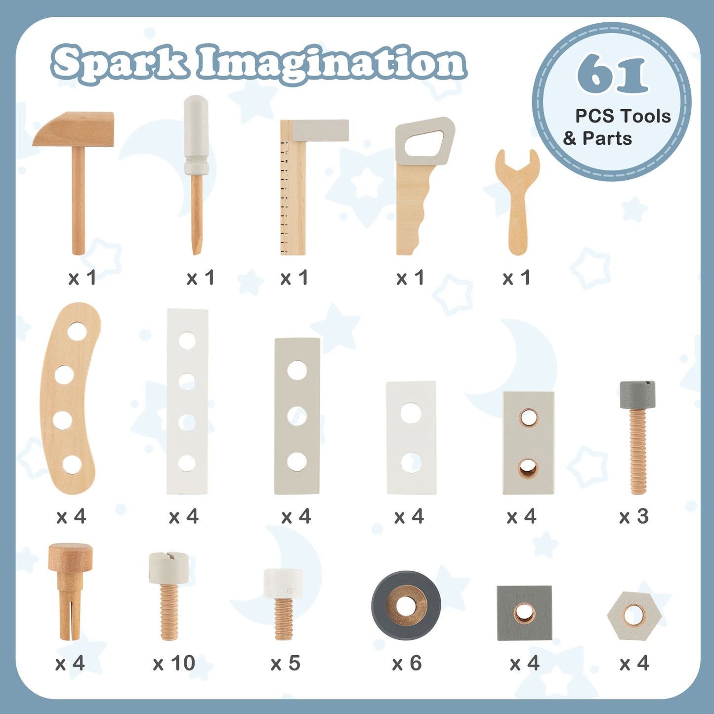 Kids Play Tool Workbench Set with 61 Pcs Tool and Parts Set-Blue Kids Crystal