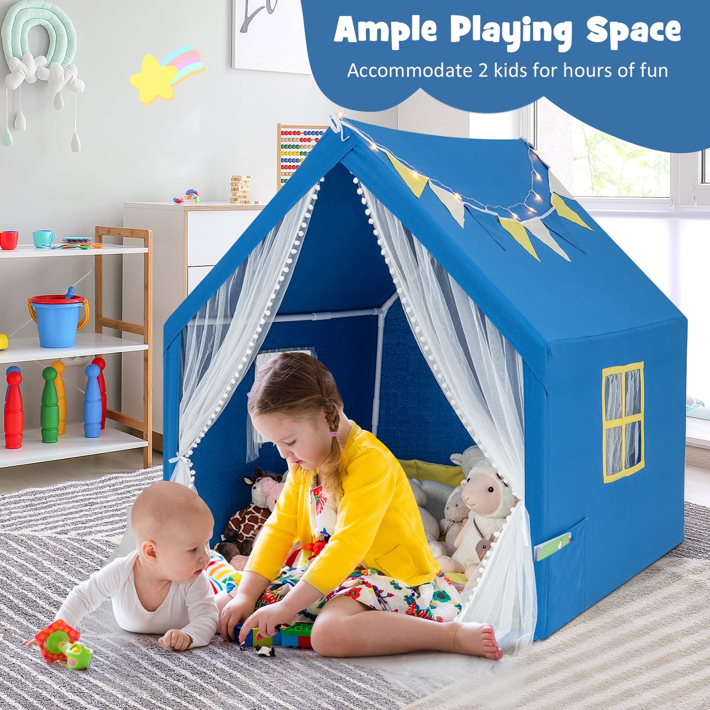 48 x 42 x 50 Inch Large Play Tent with Washable Cotton Mat Holiday Birthday Gift for Kids-Blue Kids Crystal