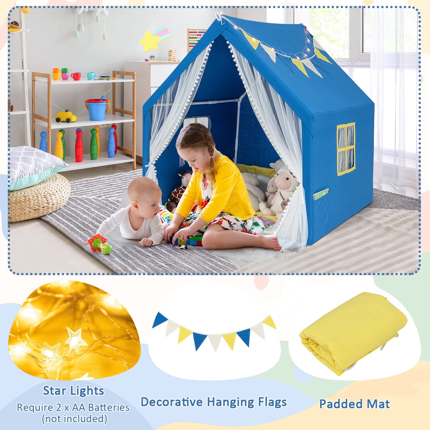48 x 42 x 50 Inch Large Play Tent with Washable Cotton Mat Holiday Birthday Gift for Kids-Blue Kids Crystal