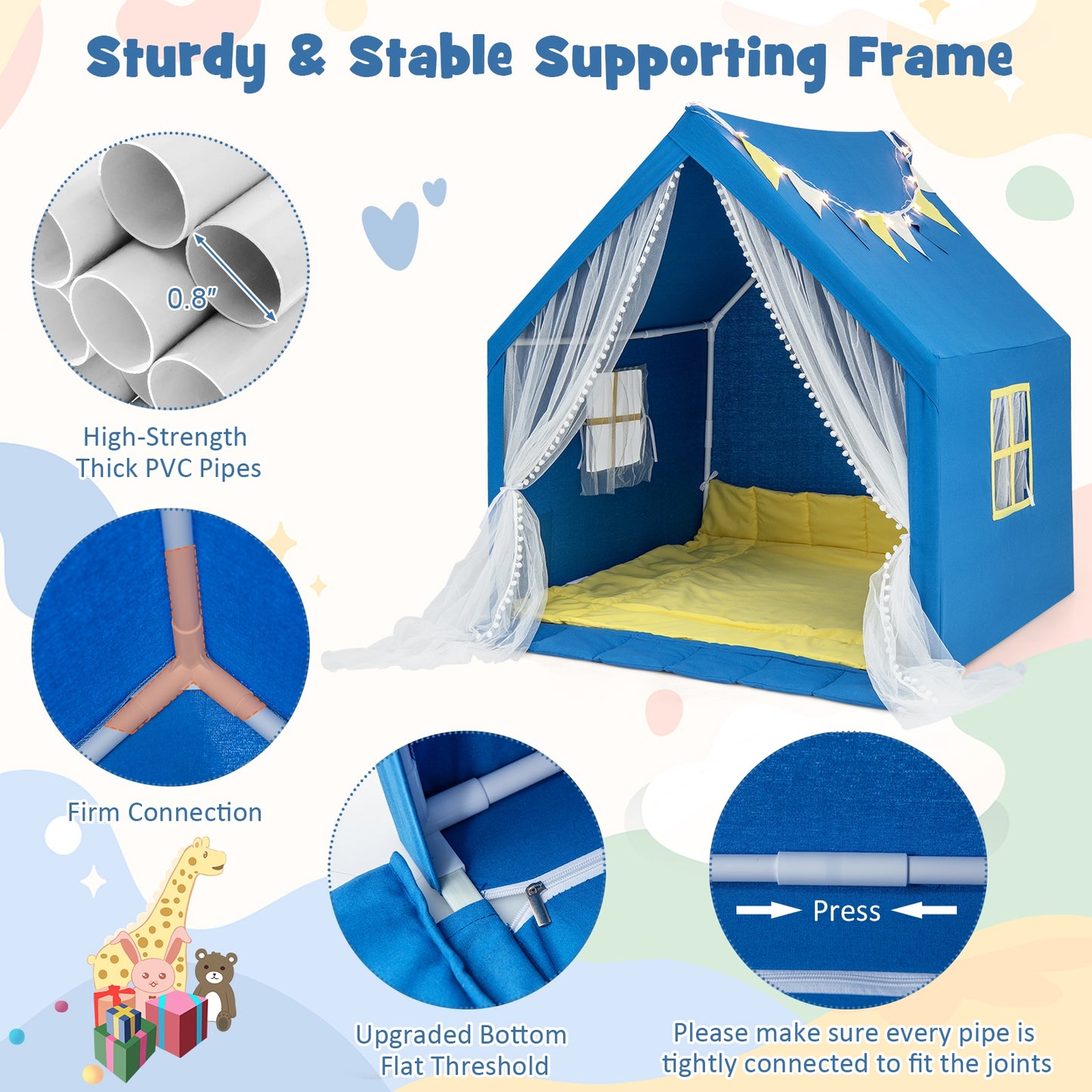 48 x 42 x 50 Inch Large Play Tent with Washable Cotton Mat Holiday Birthday Gift for Kids-Blue Kids Crystal