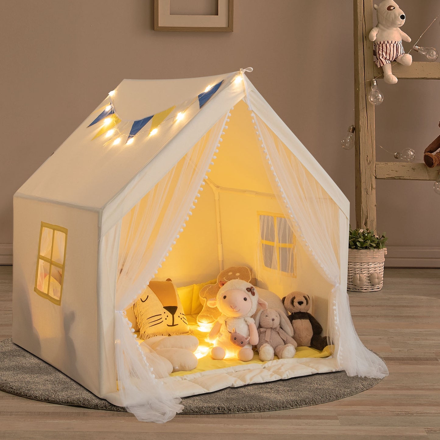 48 x 42 x 50 Inch Large Play Tent with Washable Cotton Mat Holiday Birthday Gift for Kids-Beige Kids Crystal