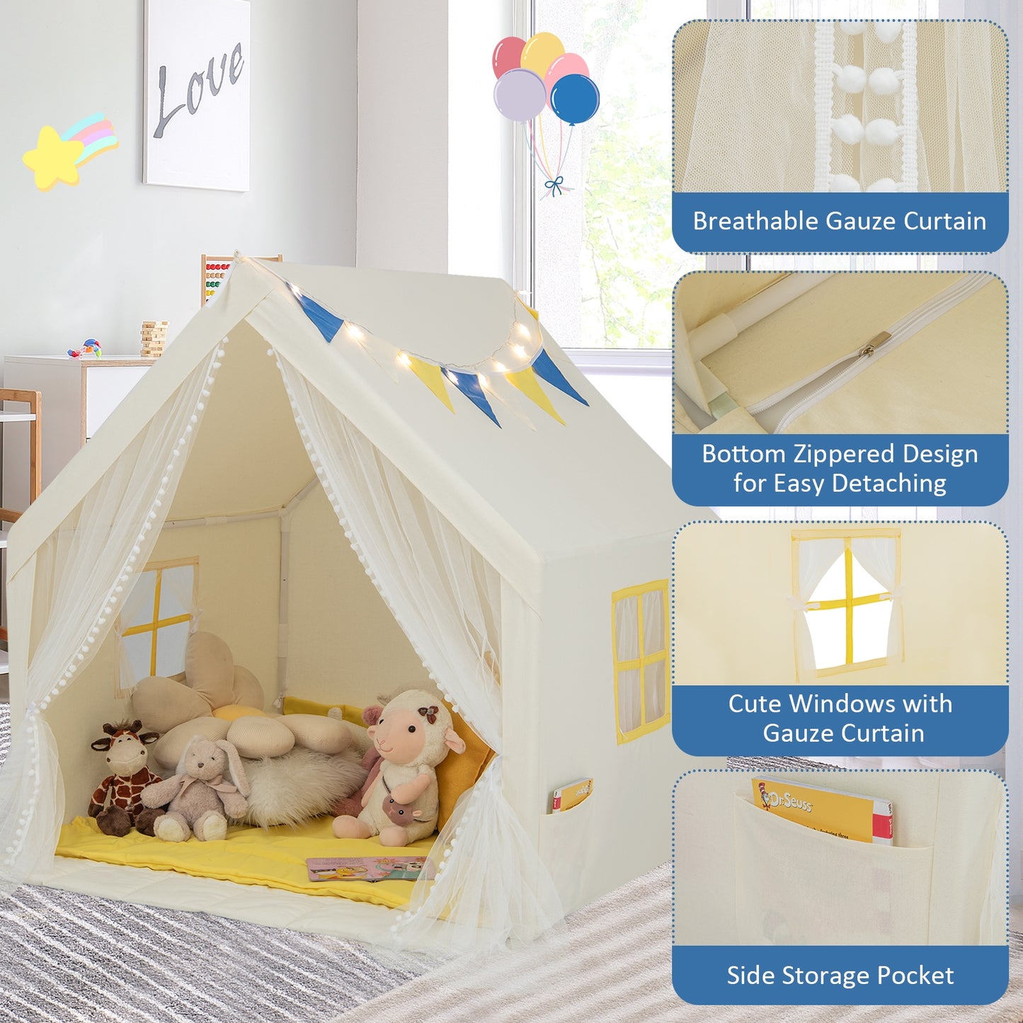 48 x 42 x 50 Inch Large Play Tent with Washable Cotton Mat Holiday Birthday Gift for Kids-Beige Kids Crystal