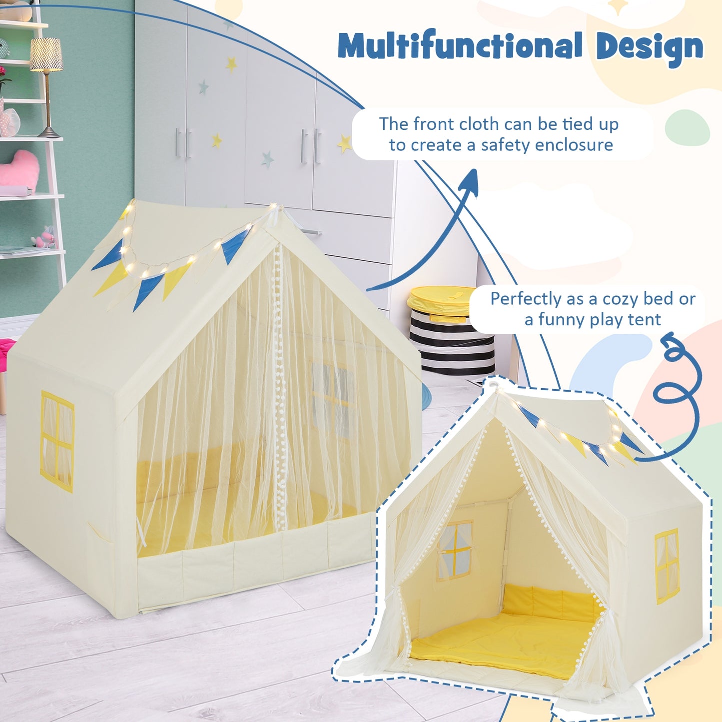 48 x 42 x 50 Inch Large Play Tent with Washable Cotton Mat Holiday Birthday Gift for Kids-Beige Kids Crystal