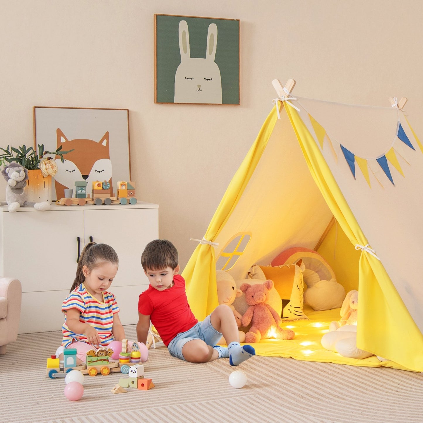 Kids Play Tent with Solid Wood Frame Holiday Birthday Gift & Toy for Boys & Girls-Yellow Kids Crystal