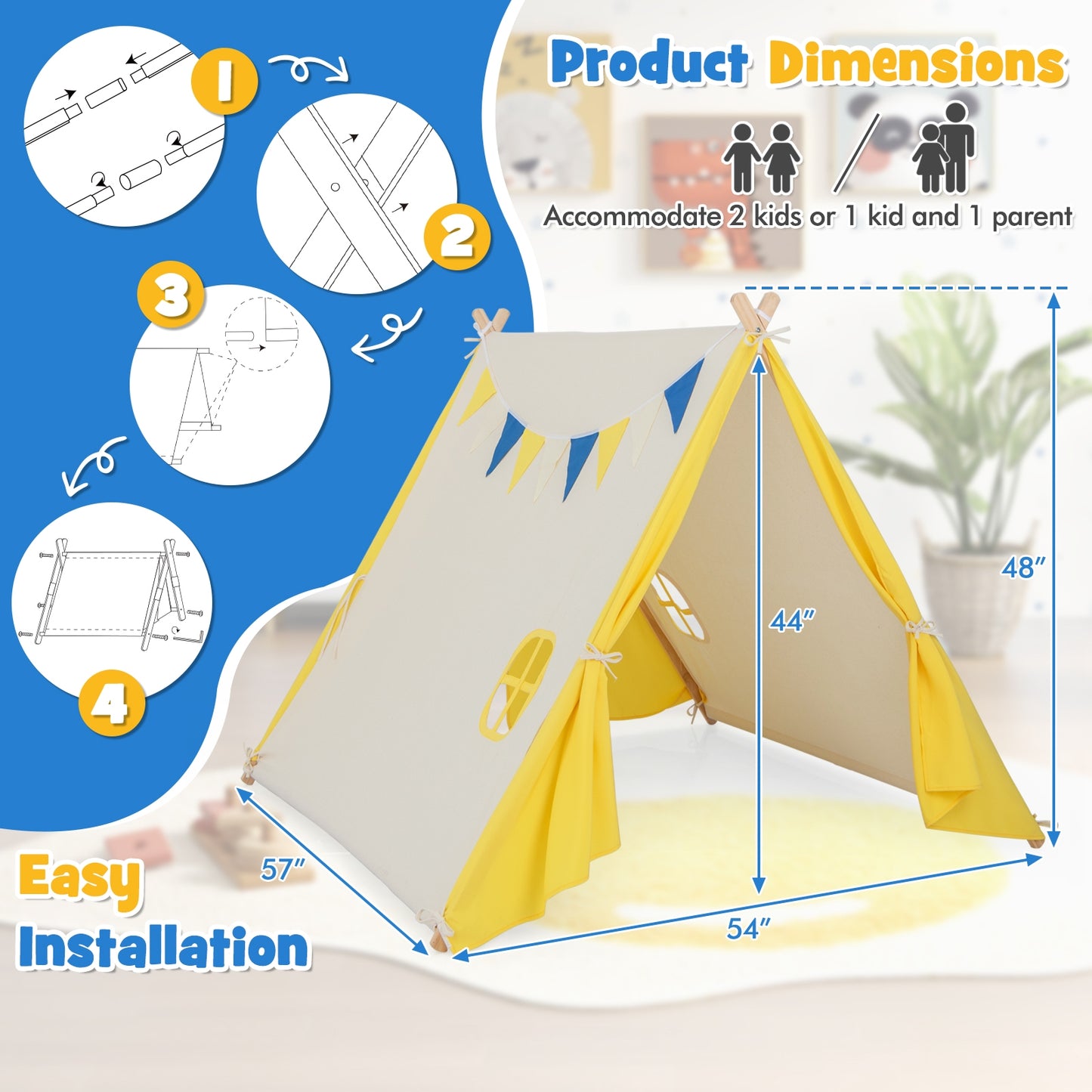 Kids Play Tent with Solid Wood Frame Holiday Birthday Gift & Toy for Boys & Girls-Yellow Kids Crystal