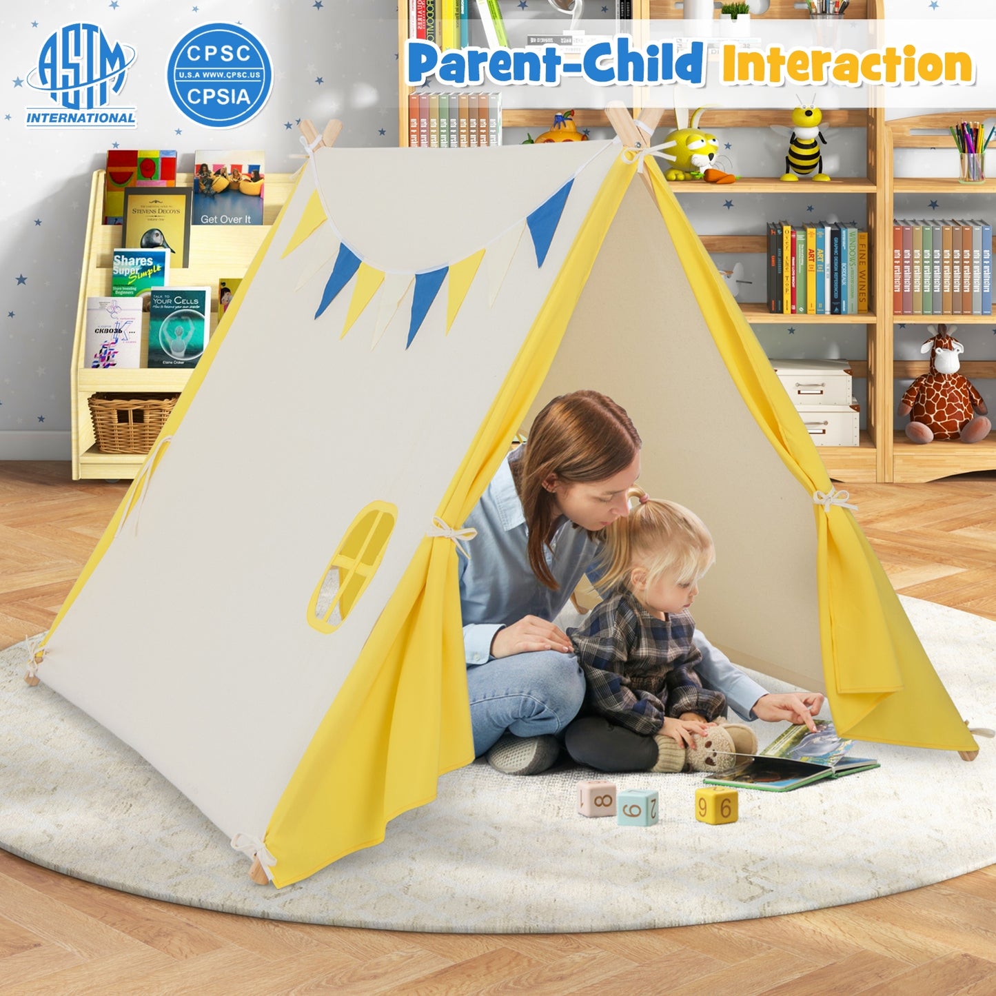 Kids Play Tent with Solid Wood Frame Holiday Birthday Gift & Toy for Boys & Girls-Yellow Kids Crystal