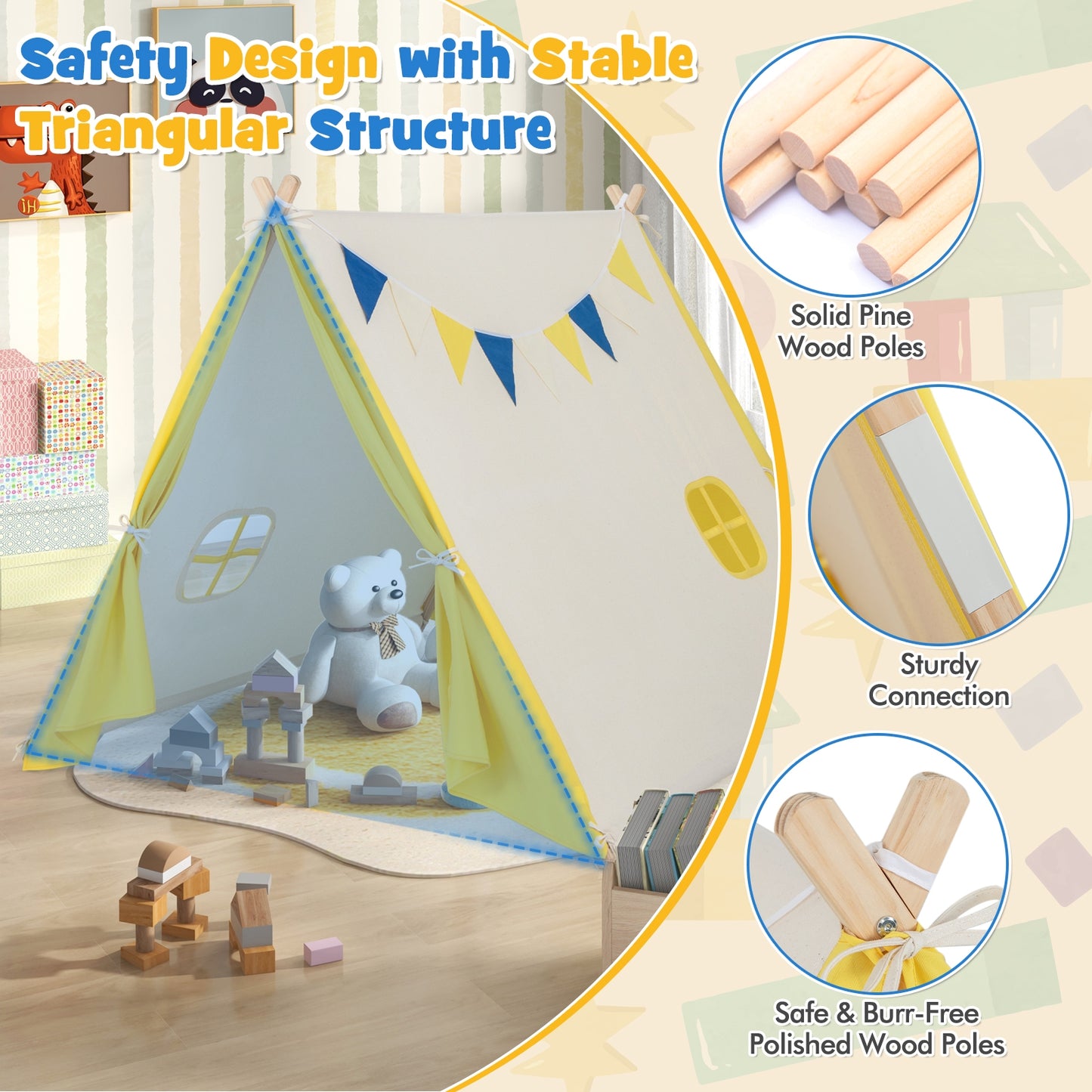 Kids Play Tent with Solid Wood Frame Holiday Birthday Gift & Toy for Boys & Girls-Yellow Kids Crystal