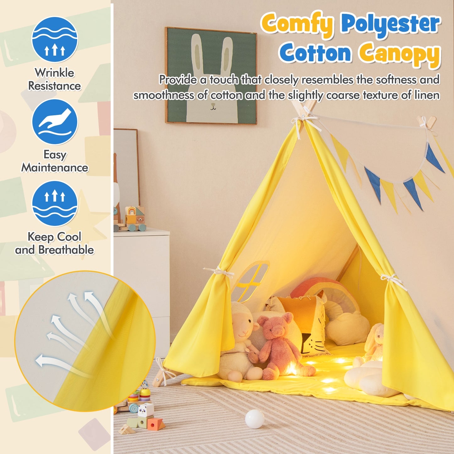 Kids Play Tent with Solid Wood Frame Holiday Birthday Gift & Toy for Boys & Girls-Yellow Kids Crystal