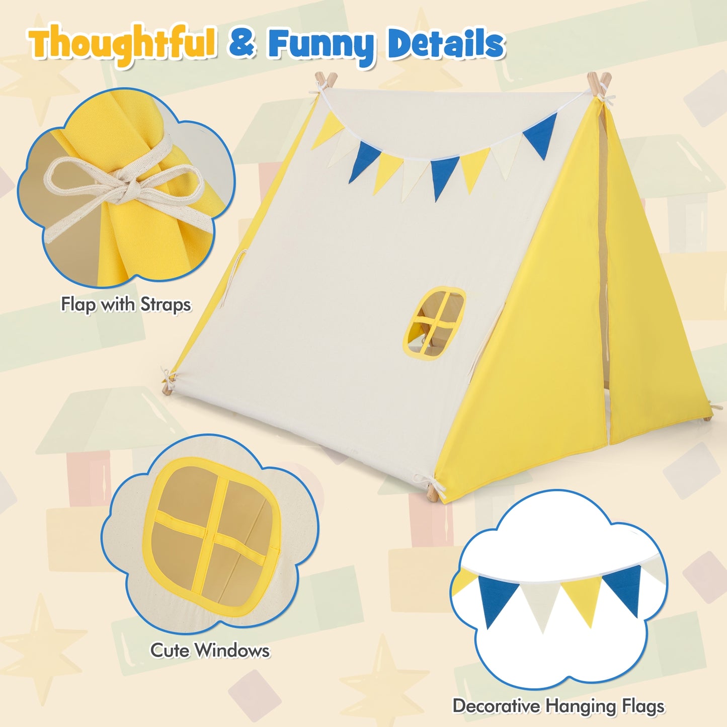 Kids Play Tent with Solid Wood Frame Holiday Birthday Gift & Toy for Boys & Girls-Yellow Kids Crystal