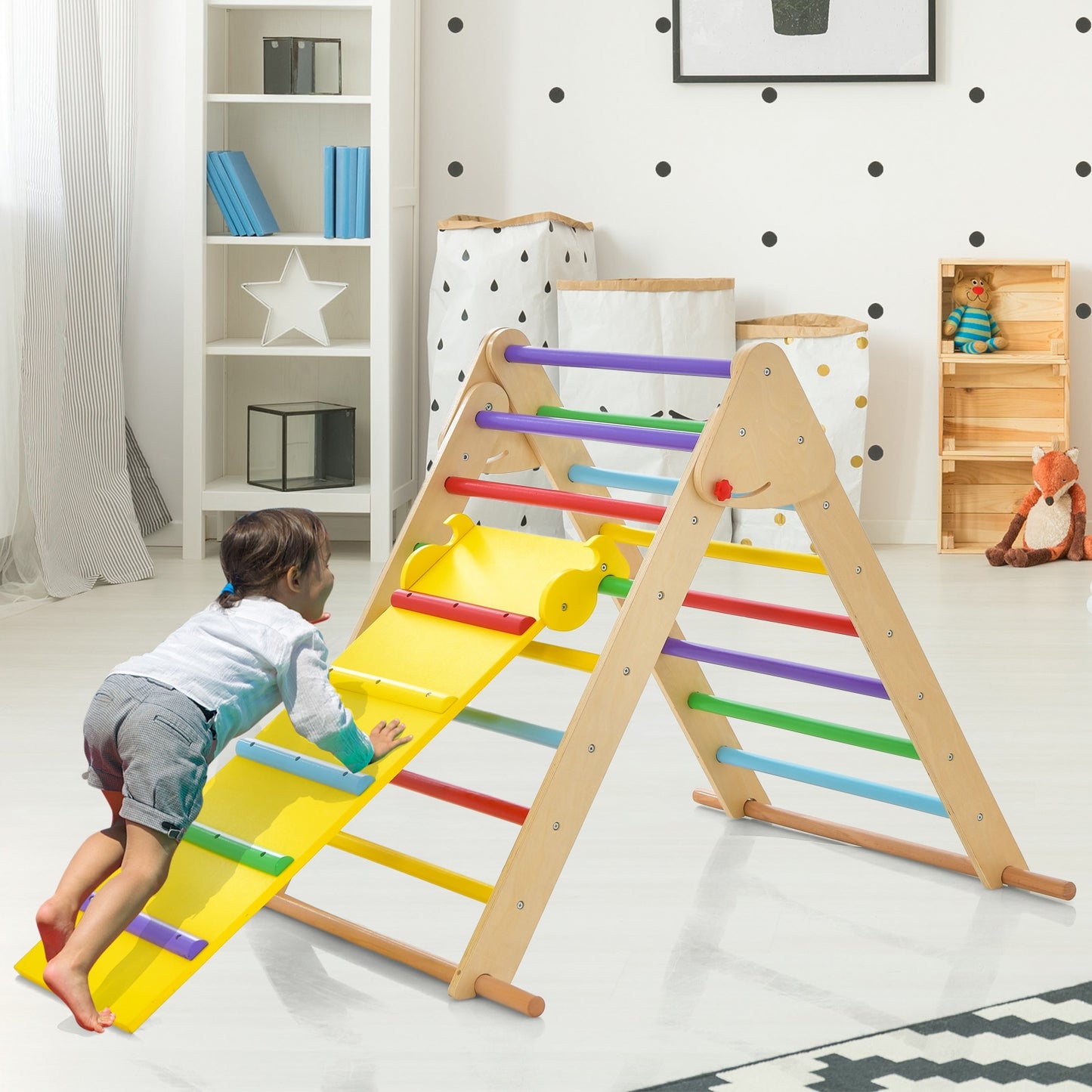 Kids Climbing Triangle Set with Adjustable and Reversible Ramp-Multicolor Kids Crystal