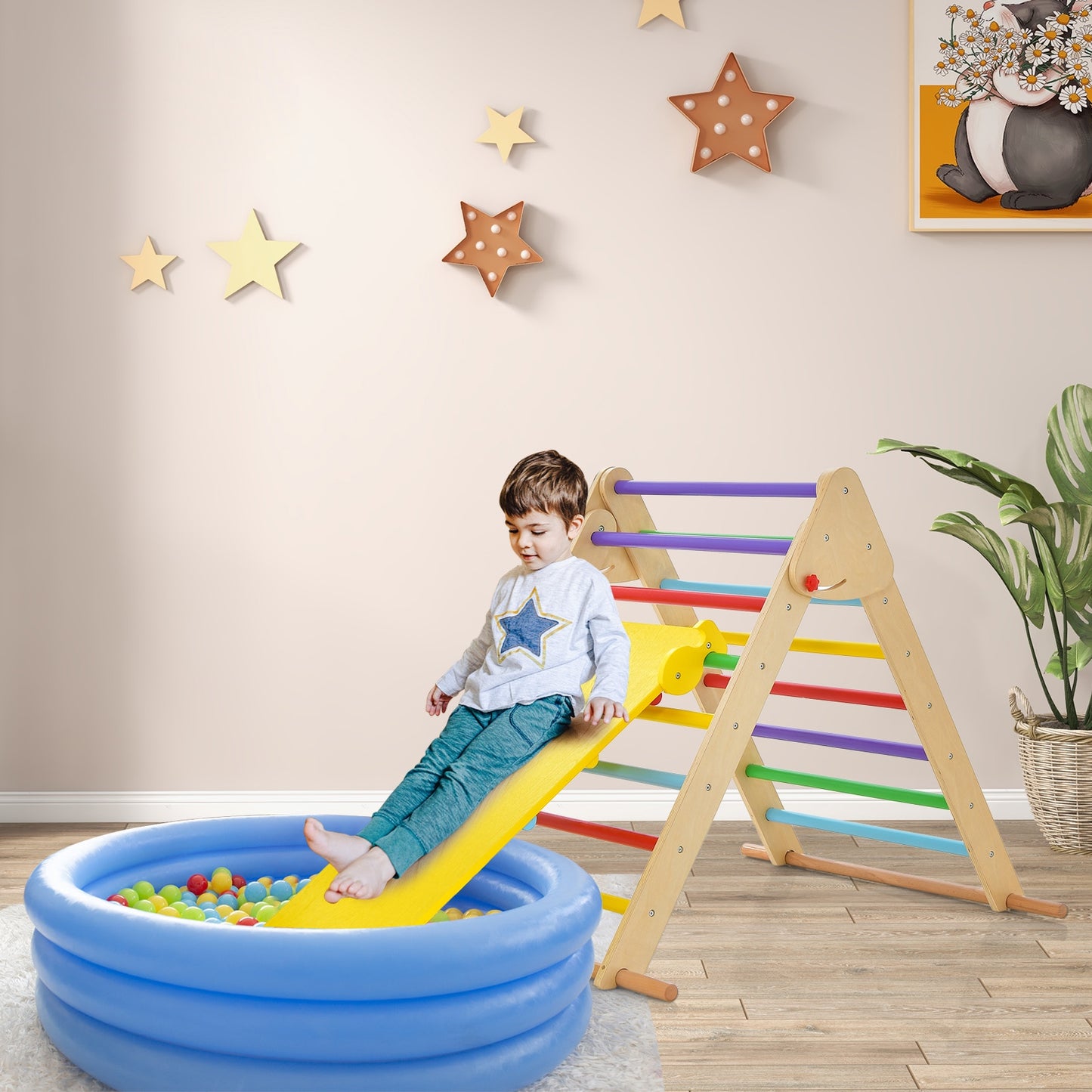 Kids Climbing Triangle Set with Adjustable and Reversible Ramp-Multicolor Kids Crystal