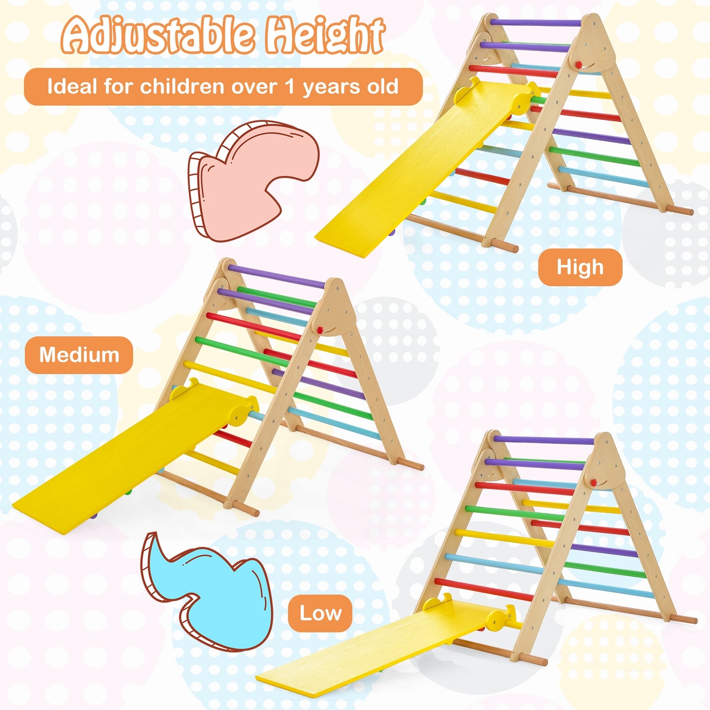 Kids Climbing Triangle Set with Adjustable and Reversible Ramp-Multicolor Kids Crystal