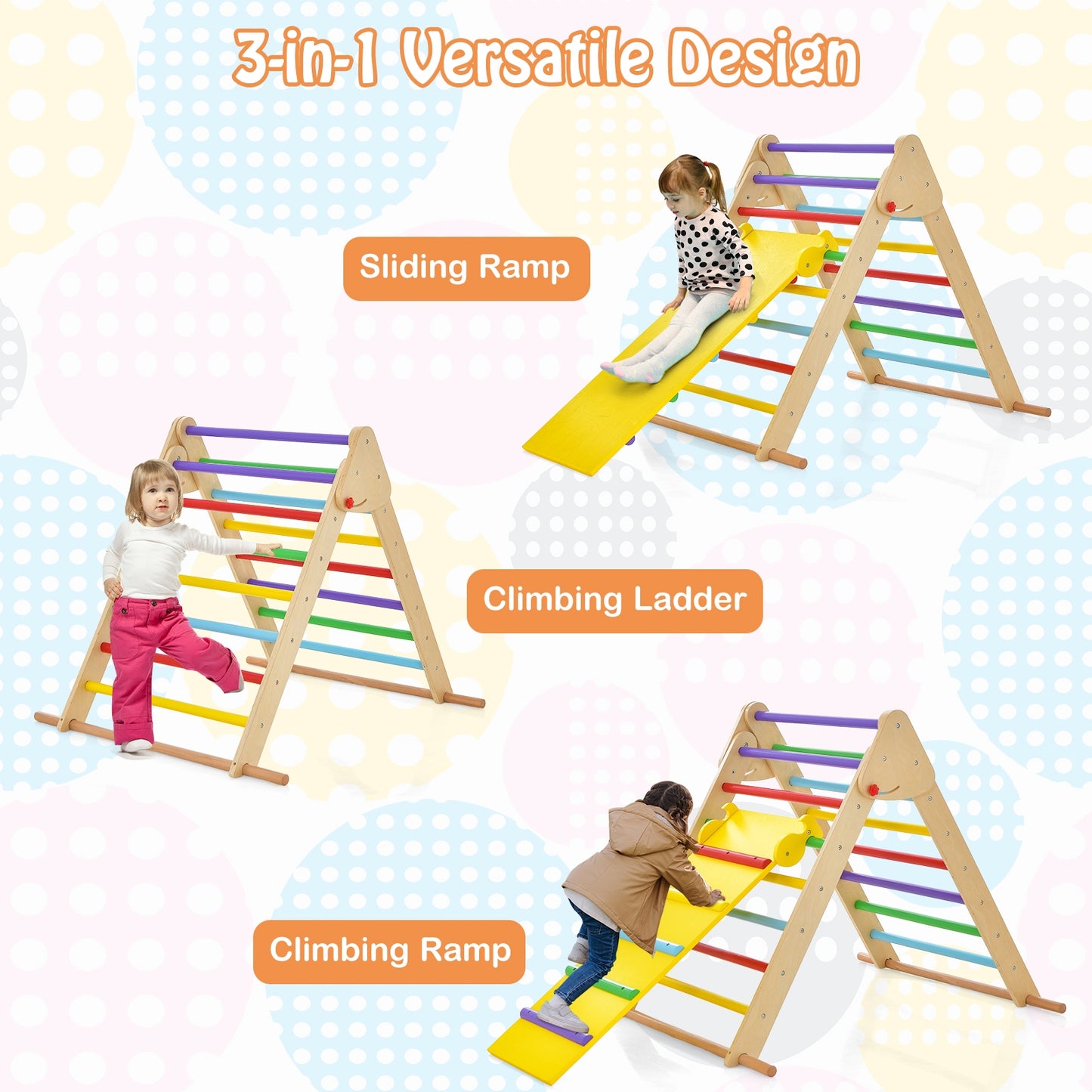 Kids Climbing Triangle Set with Adjustable and Reversible Ramp-Multicolor Kids Crystal