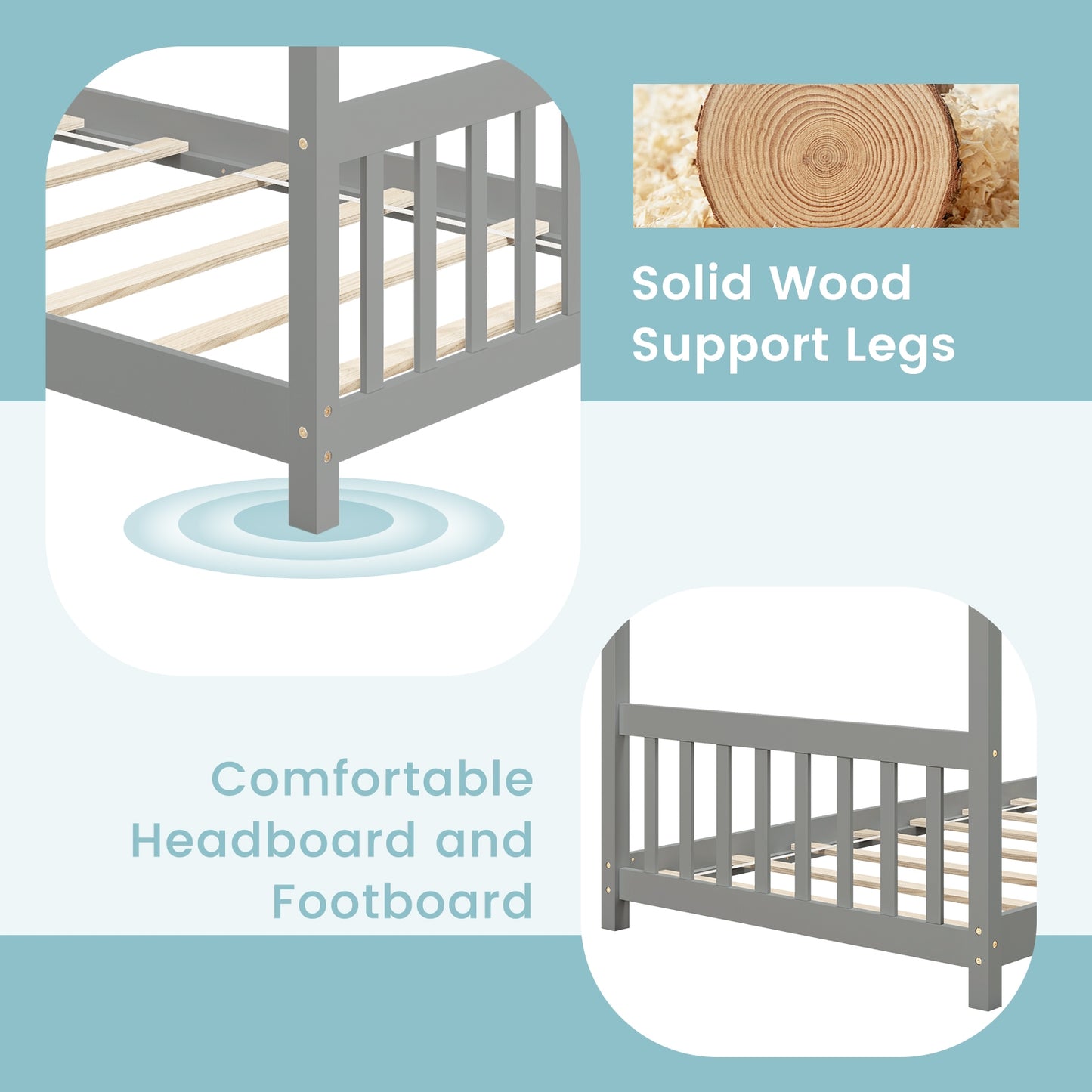 Twin Size Wooden House Bed with Roof-Gray Kids Crystal