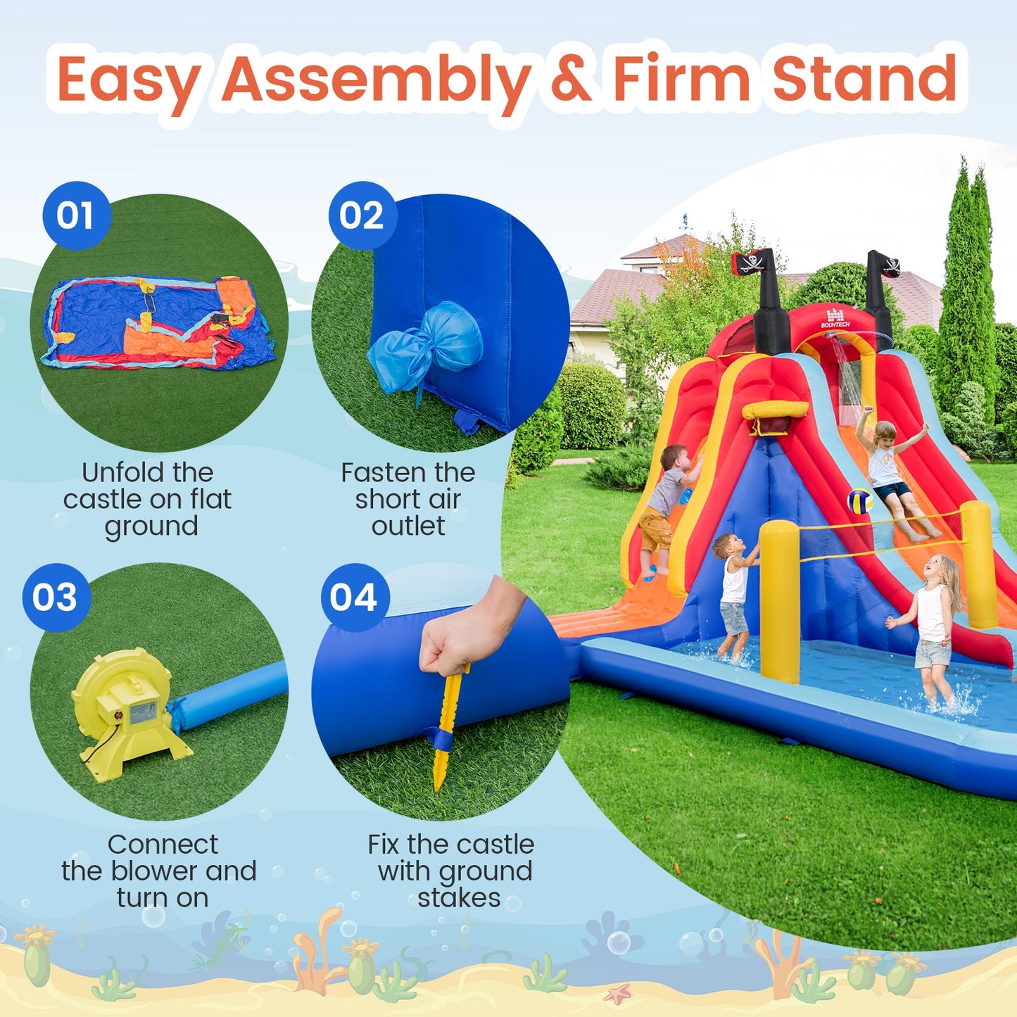5-in-1 Inflatable Bounce House with 2 Water Slides and Large Splash Pool With 680W Blower Kids Crystal