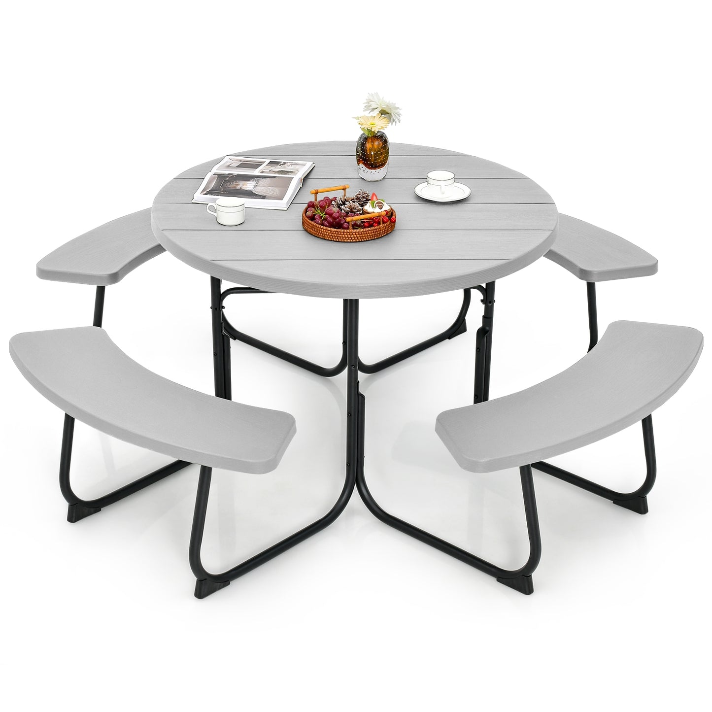 8-Person Outdoor Picnic Table and Bench Set with Umbrella Hole-Gray Kids Crystal