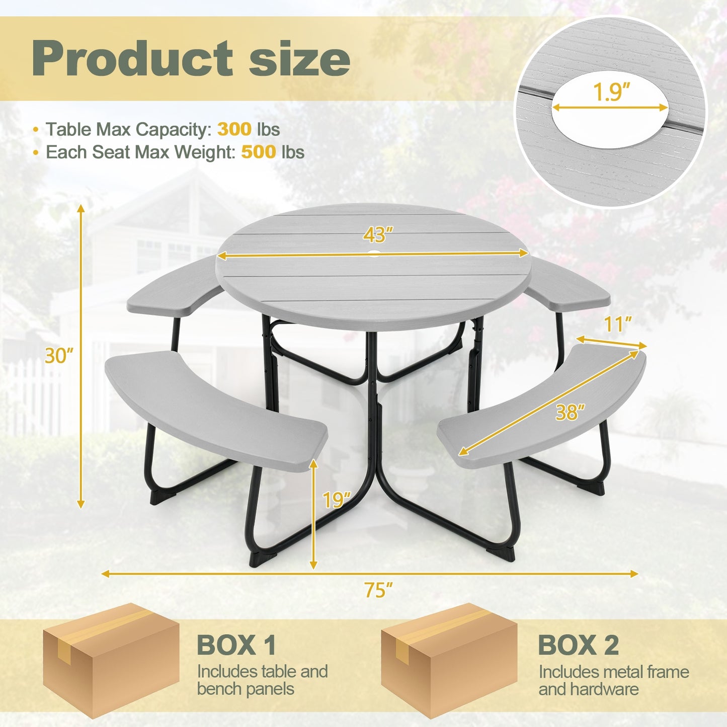 8-Person Outdoor Picnic Table and Bench Set with Umbrella Hole-Gray Kids Crystal