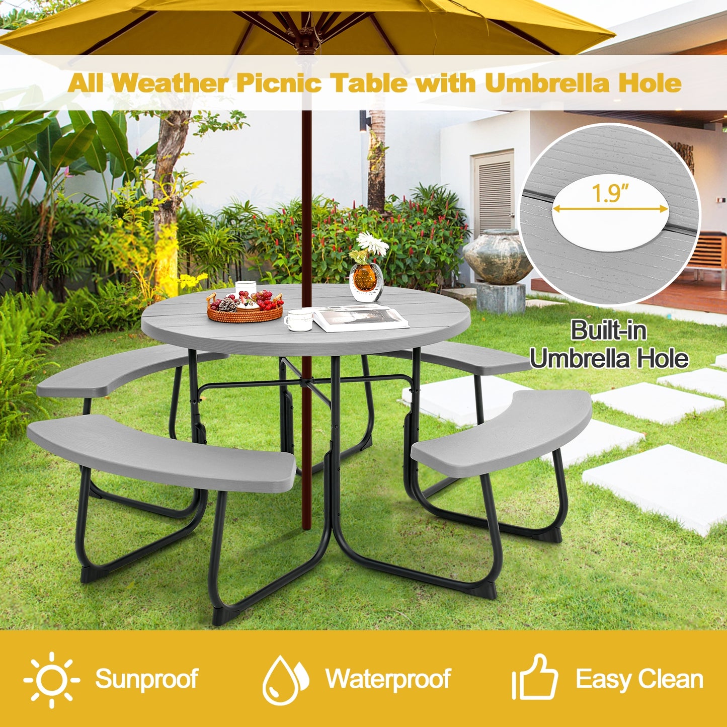 8-Person Outdoor Picnic Table and Bench Set with Umbrella Hole-Gray Kids Crystal
