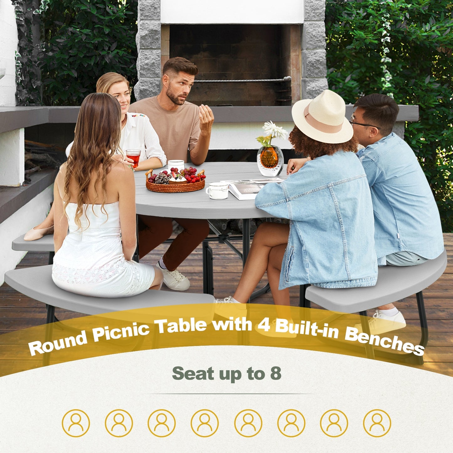 8-Person Outdoor Picnic Table and Bench Set with Umbrella Hole-Gray Kids Crystal