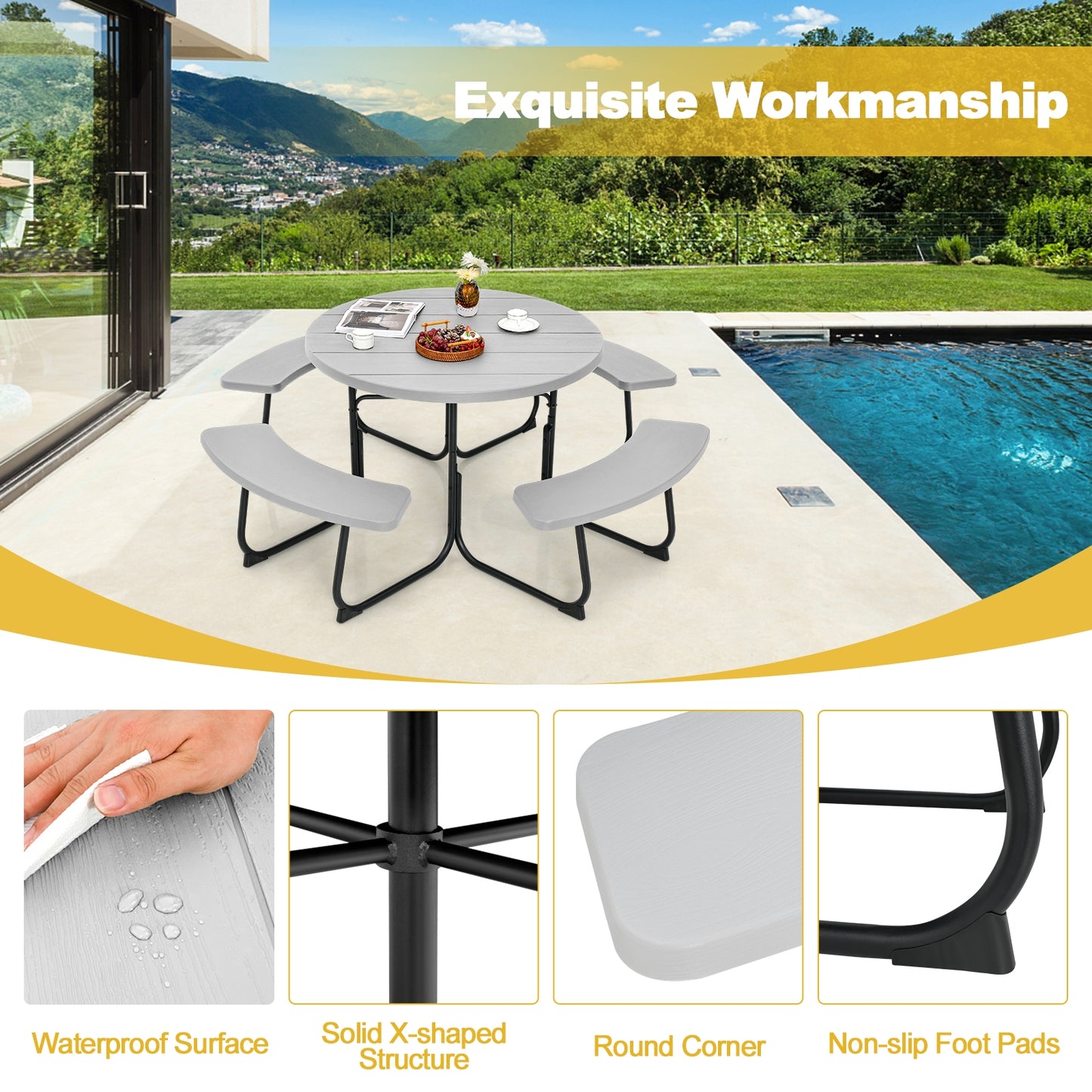 8-Person Outdoor Picnic Table and Bench Set with Umbrella Hole-Gray Kids Crystal