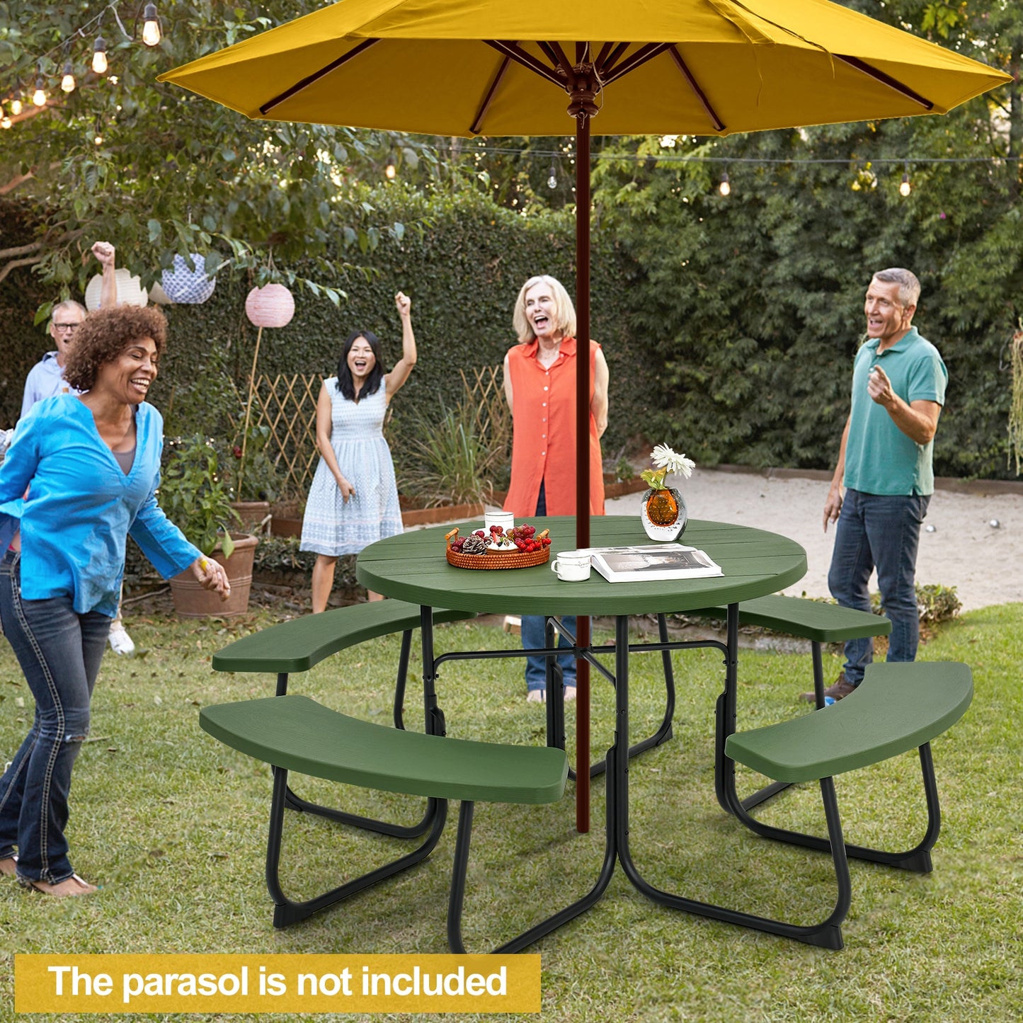 8-Person Outdoor Picnic Table and Bench Set with Umbrella Hole-Green Kids Crystal