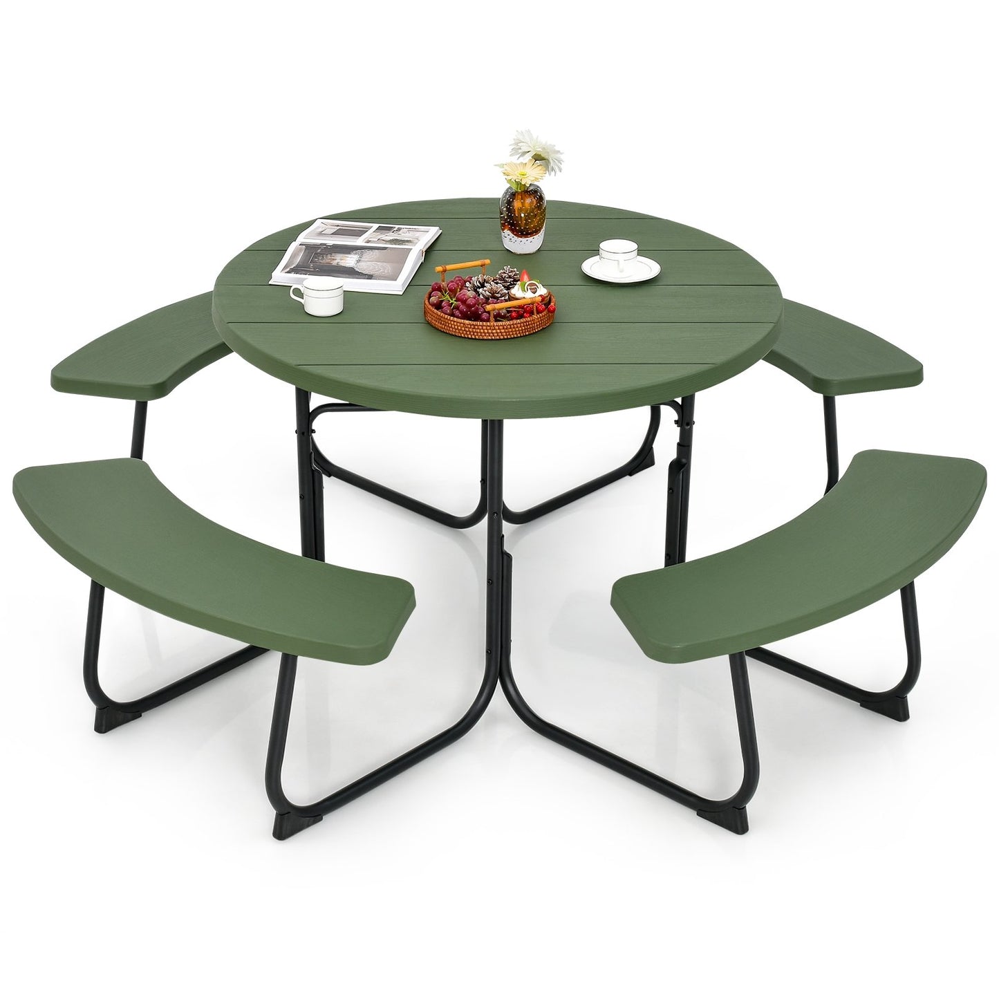 8-Person Outdoor Picnic Table and Bench Set with Umbrella Hole-Green Kids Crystal