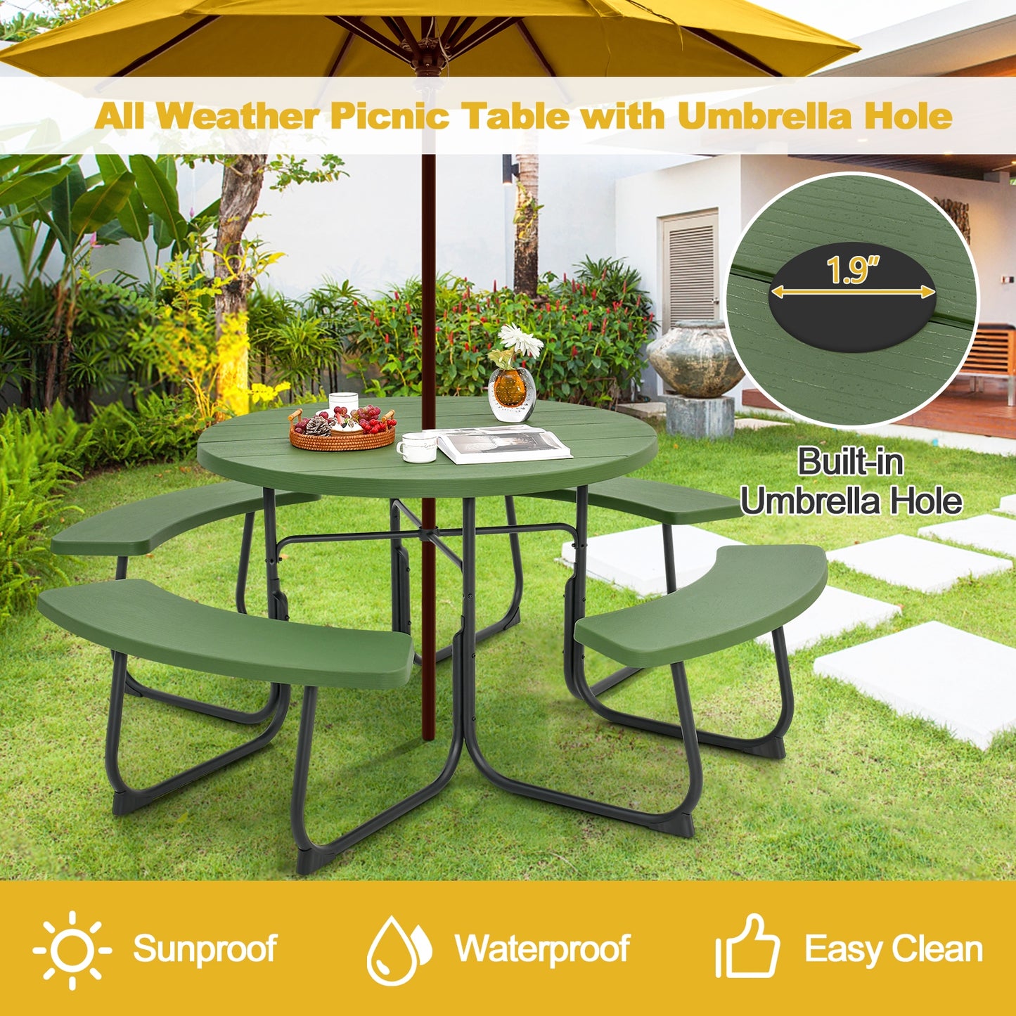 8-Person Outdoor Picnic Table and Bench Set with Umbrella Hole-Green Kids Crystal