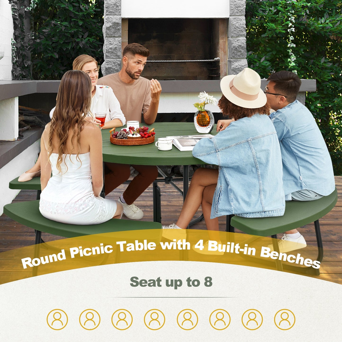 8-Person Outdoor Picnic Table and Bench Set with Umbrella Hole-Green Kids Crystal