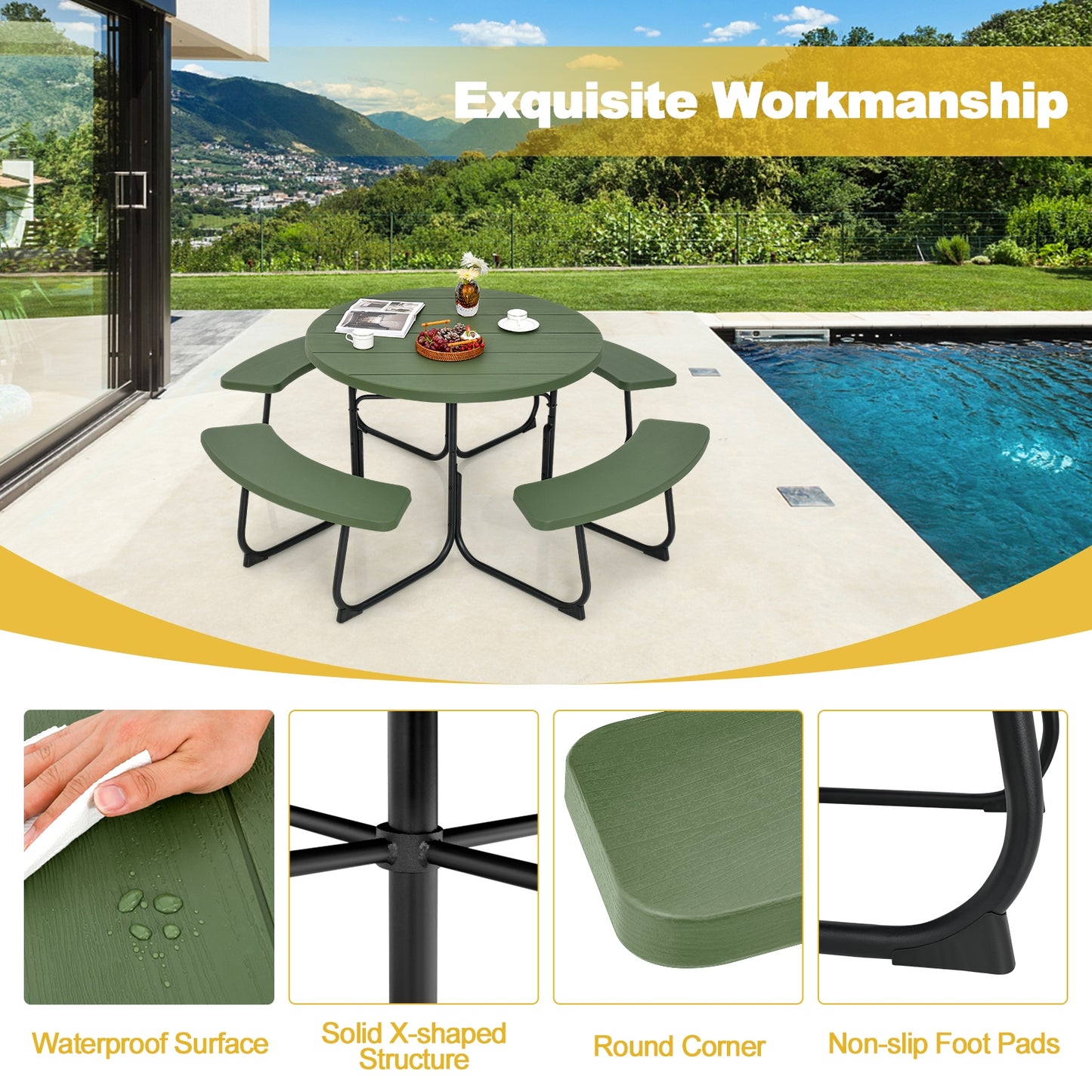 8-Person Outdoor Picnic Table and Bench Set with Umbrella Hole-Green Kids Crystal