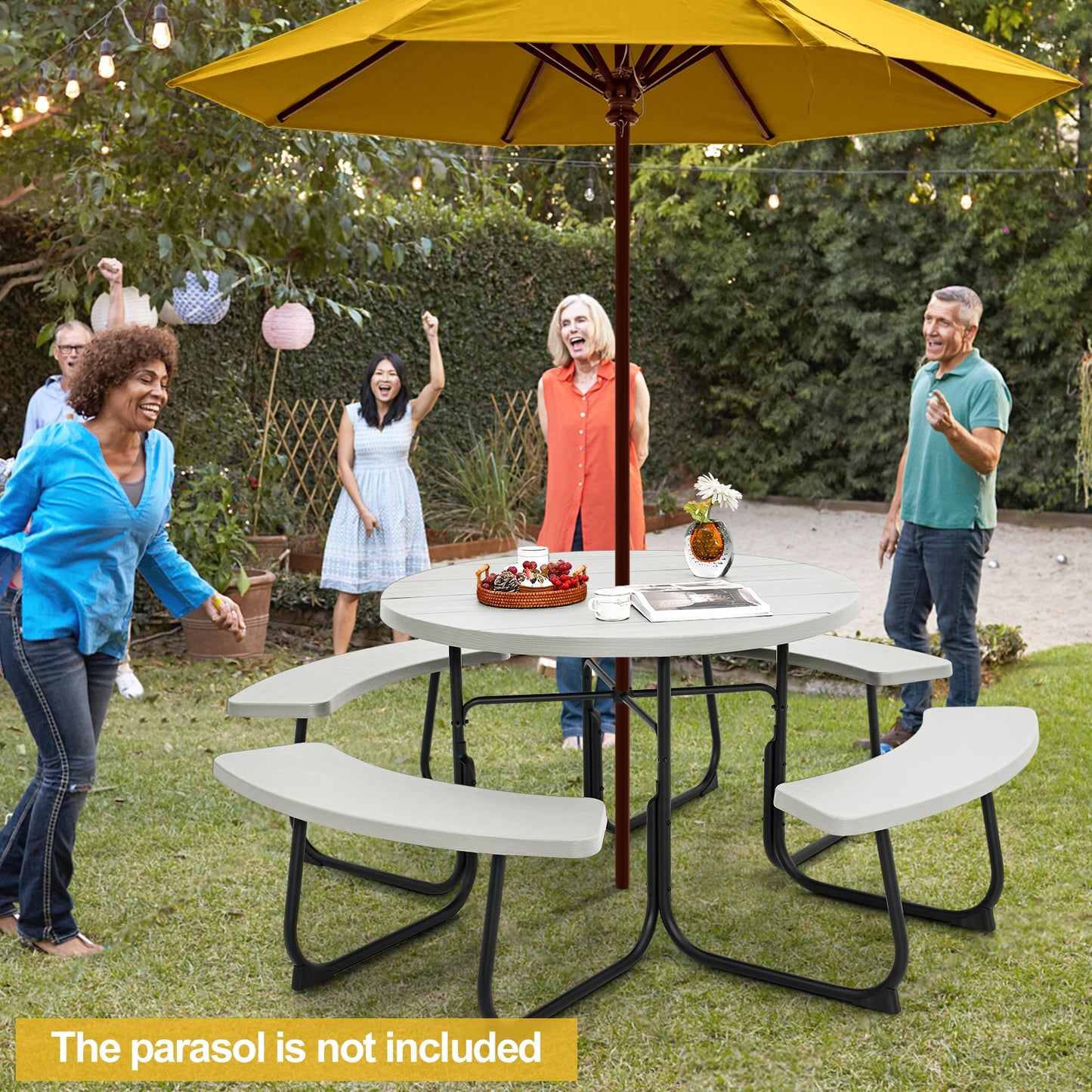 8-Person Outdoor Picnic Table and Bench Set with Umbrella Hole-White Kids Crystal