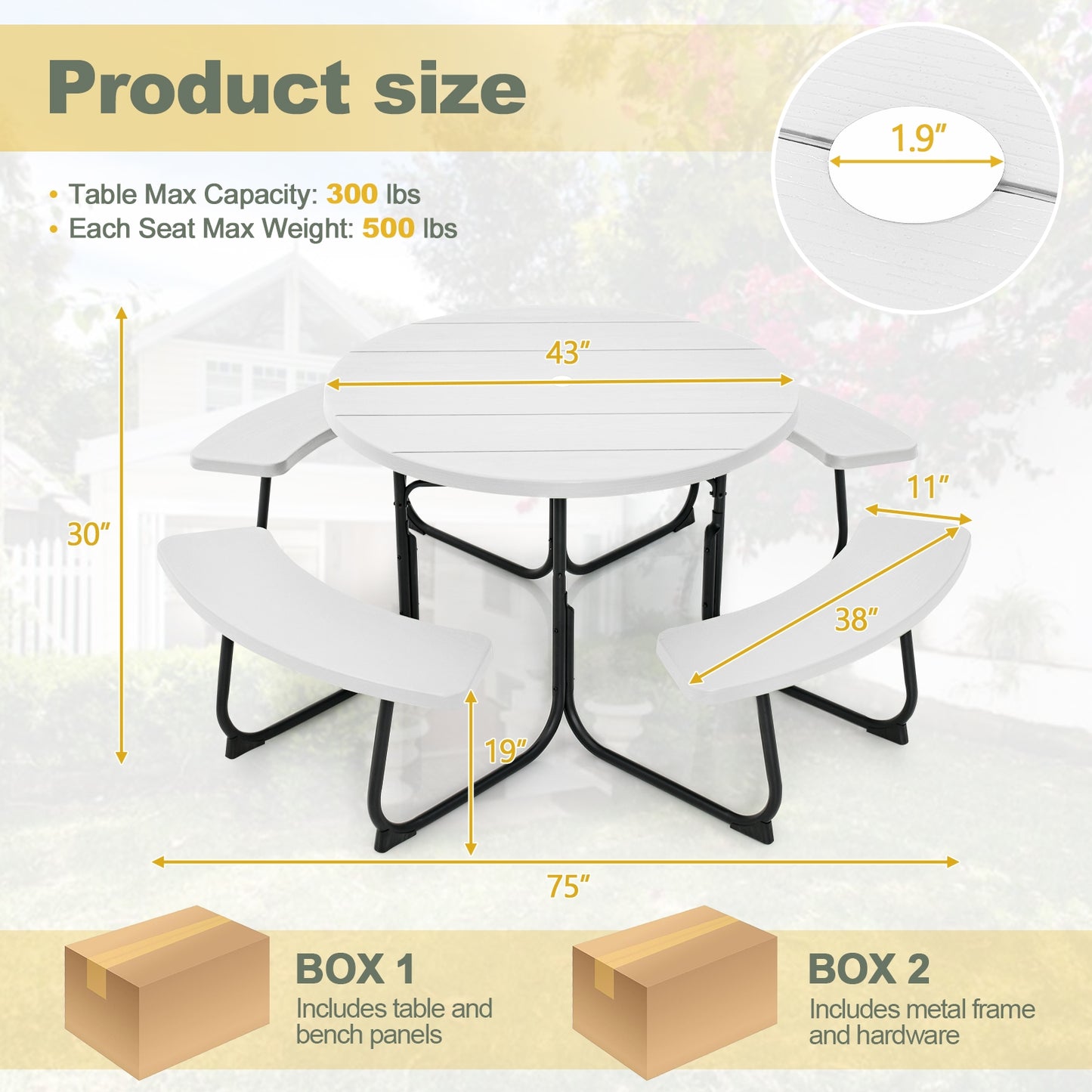 8-Person Outdoor Picnic Table and Bench Set with Umbrella Hole-White Kids Crystal
