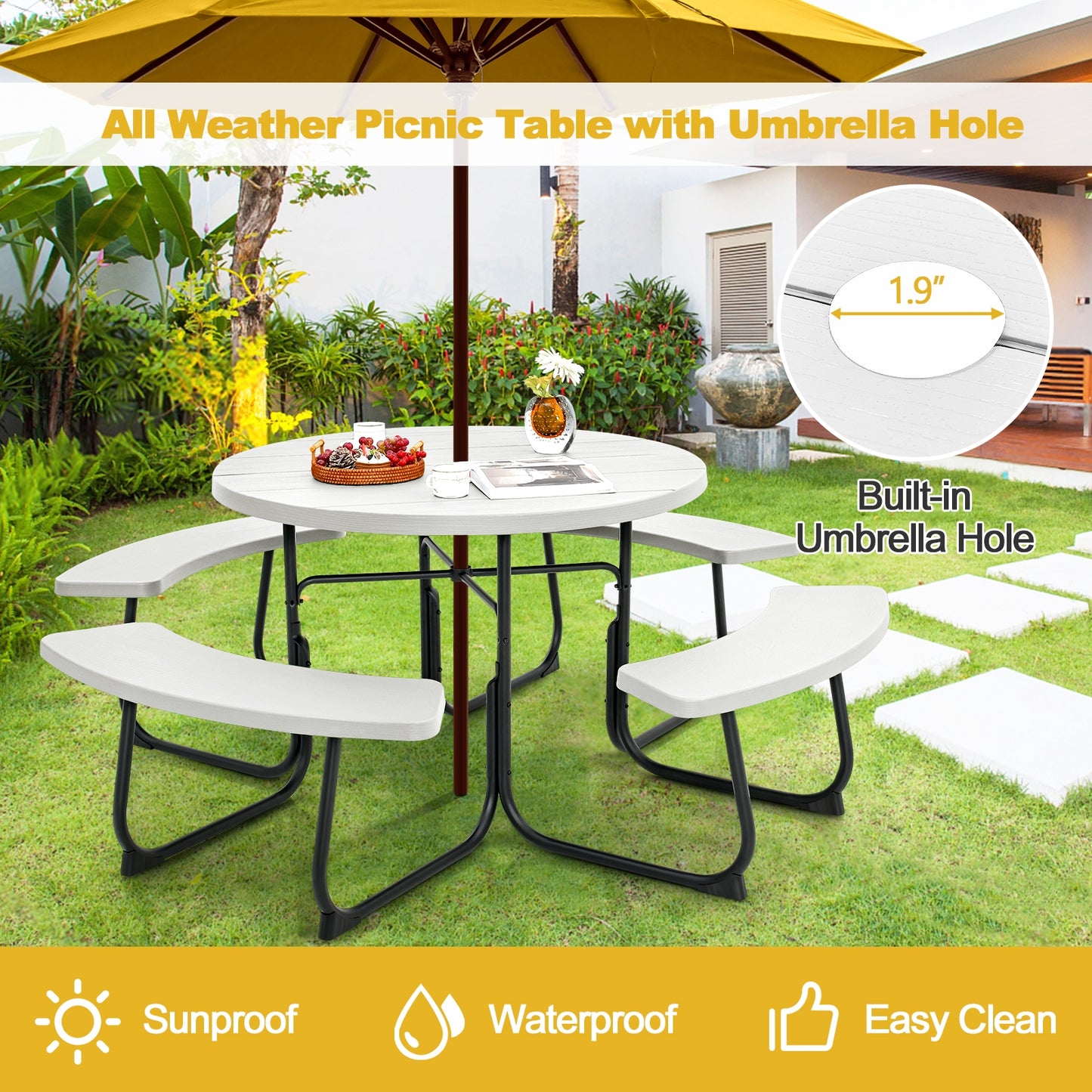 8-Person Outdoor Picnic Table and Bench Set with Umbrella Hole-White Kids Crystal