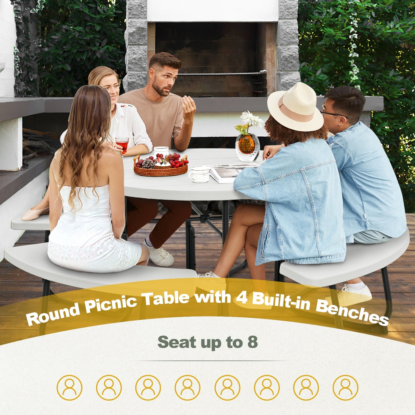 8-Person Outdoor Picnic Table and Bench Set with Umbrella Hole-White Kids Crystal