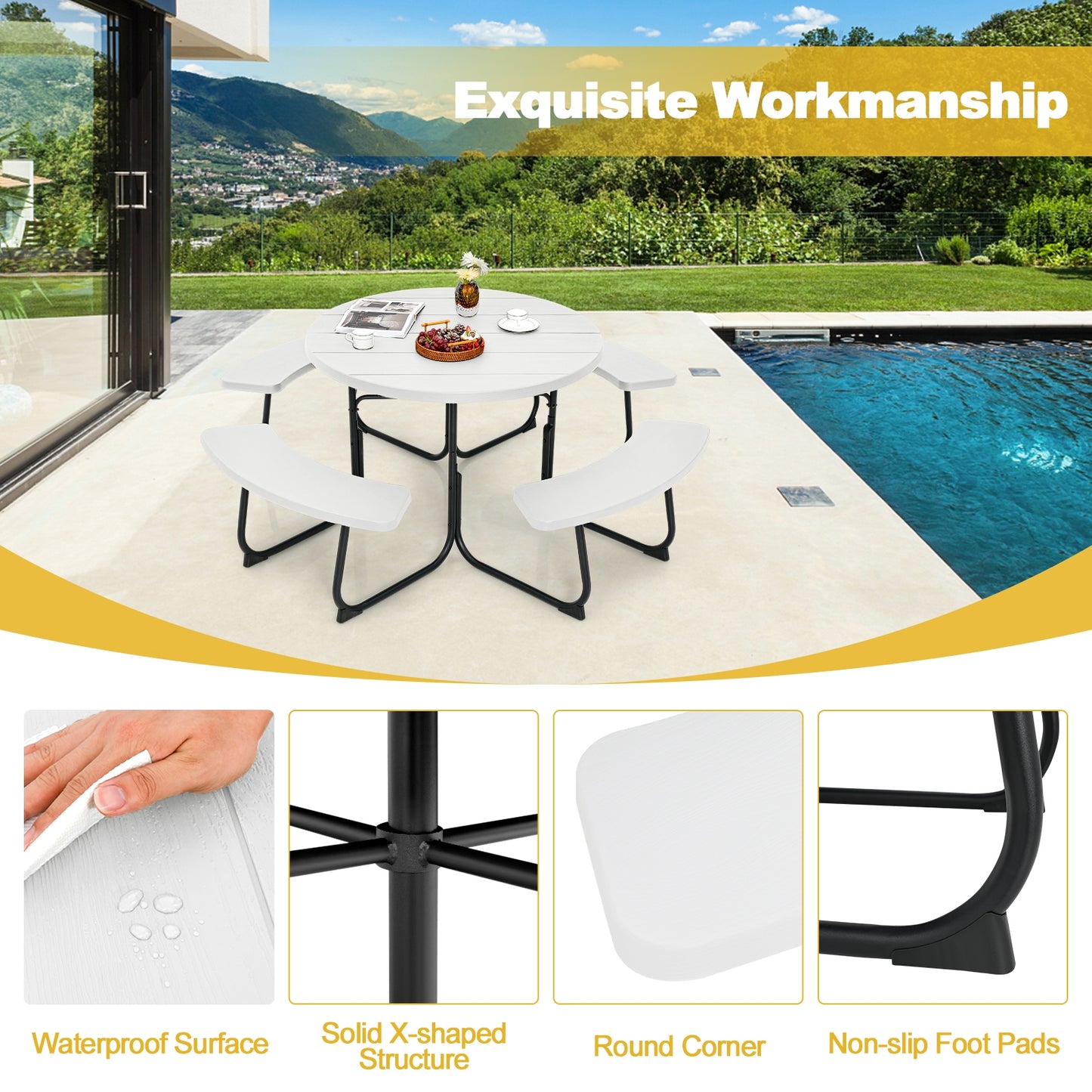8-Person Outdoor Picnic Table and Bench Set with Umbrella Hole-White Kids Crystal