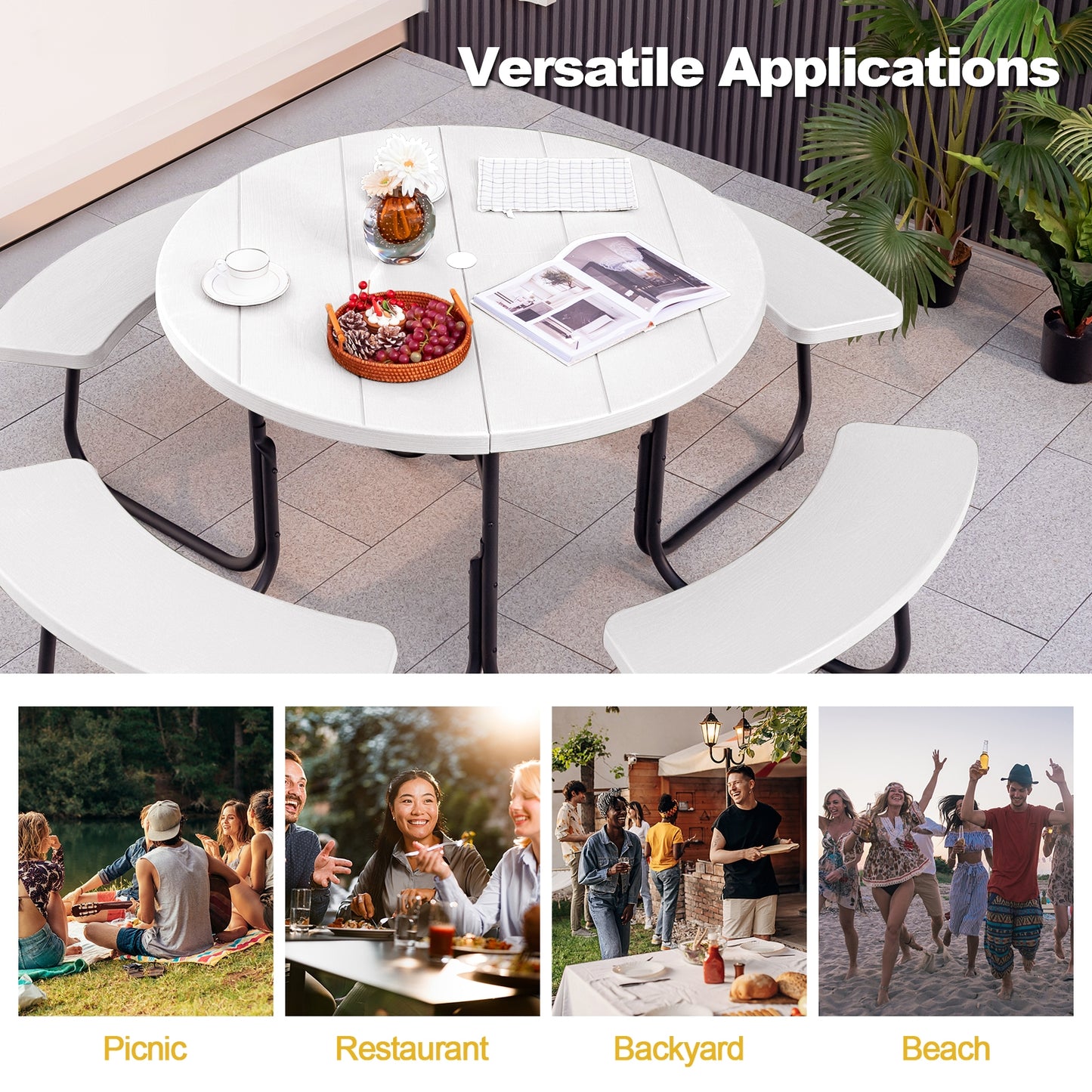 8-Person Outdoor Picnic Table and Bench Set with Umbrella Hole-White Kids Crystal