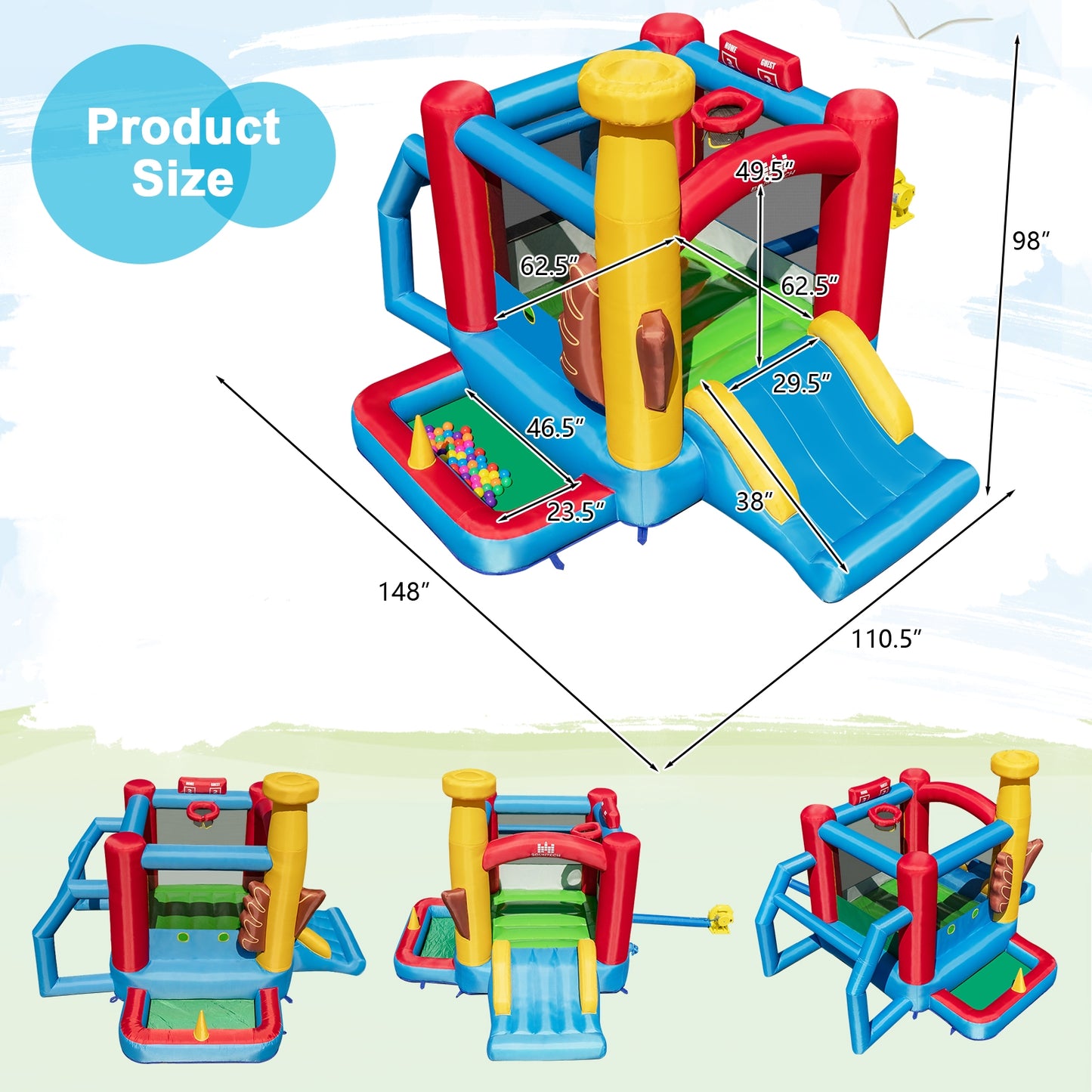 Baseball Themed Inflatable Bounce House with Ball Pit and Ocean Balls with 735W Blower Kids Crystal
