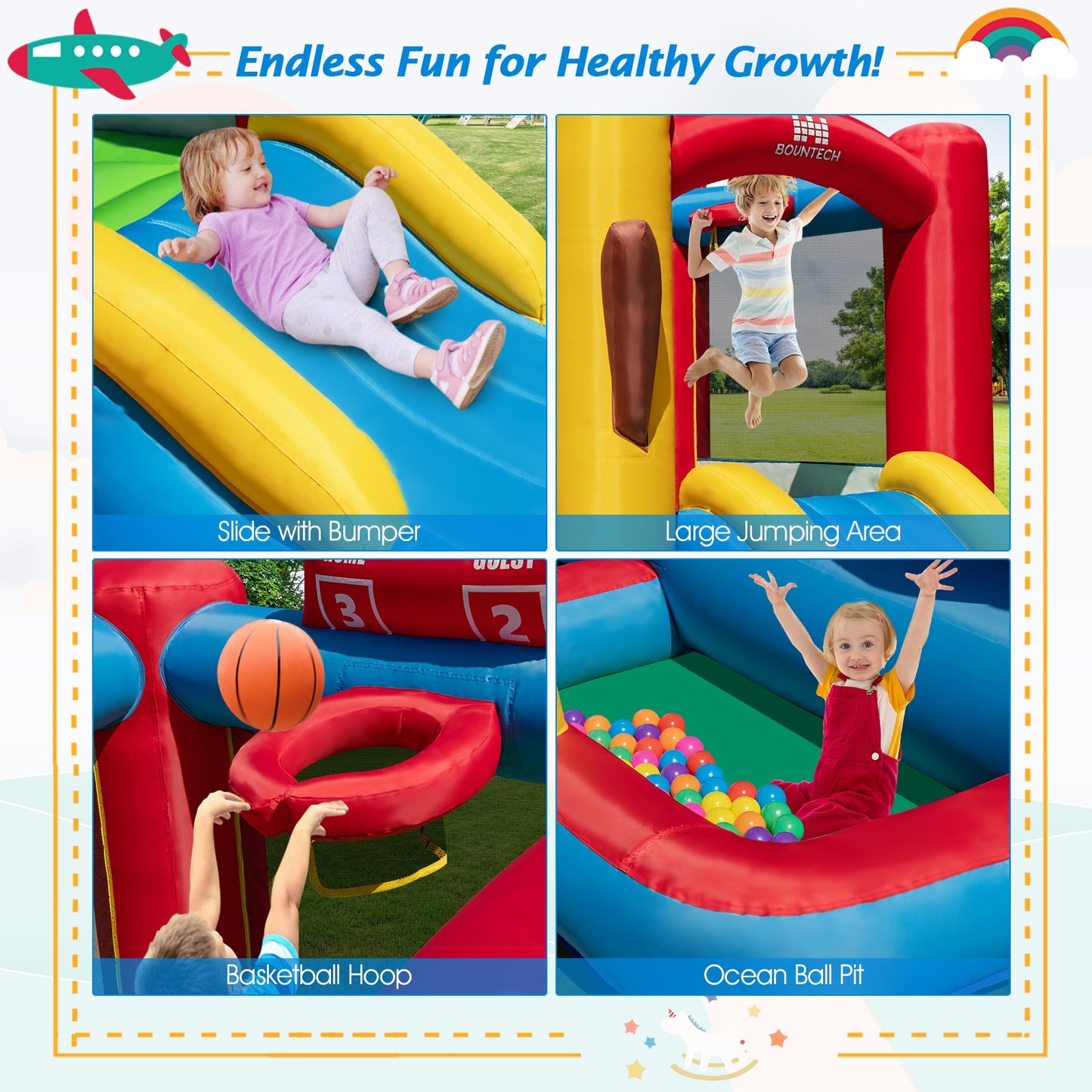 Baseball Themed Inflatable Bounce House with Ball Pit and Ocean Balls with 735W Blower Kids Crystal
