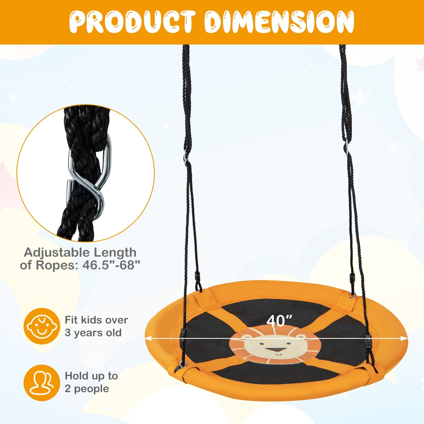 40 Inches Saucer Tree Swing Round with Adjustable Ropes and Carabiners-Yellow Kids Crystal